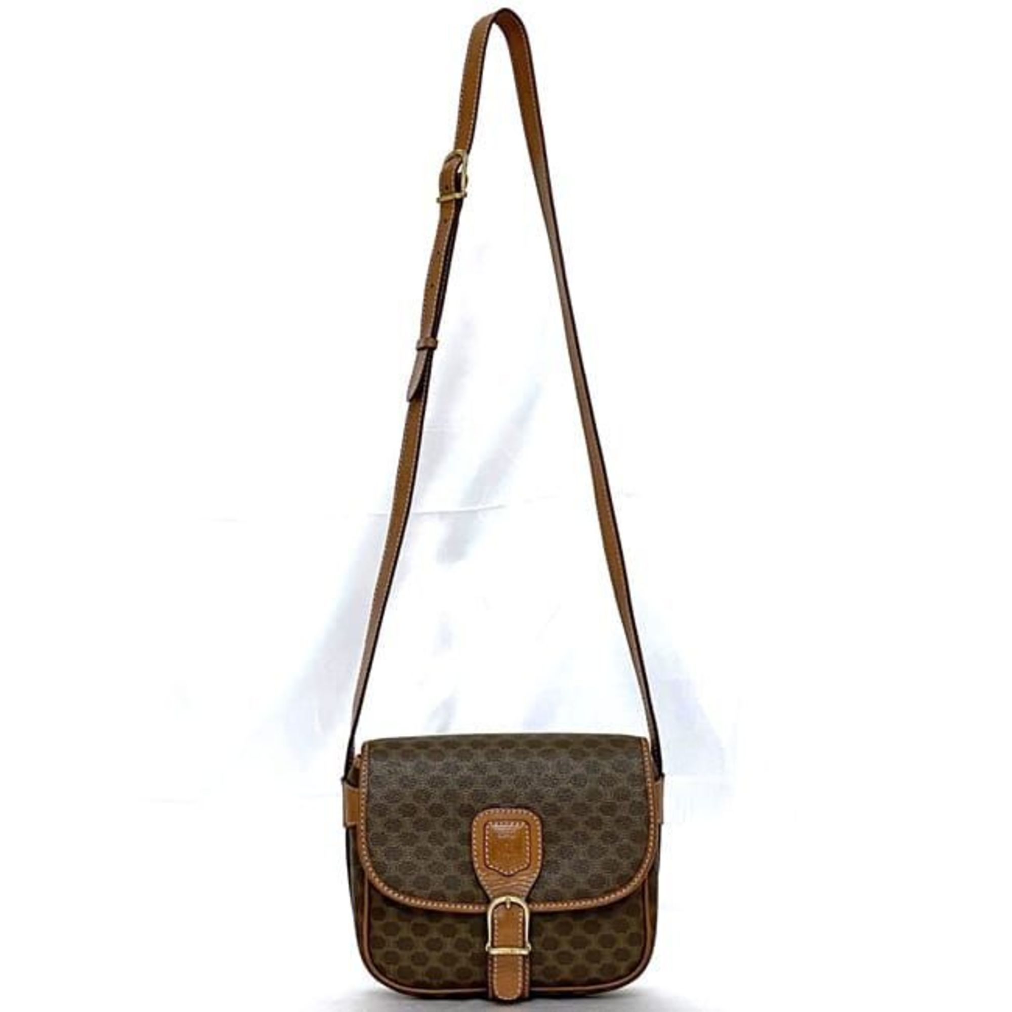 Celine Shoulder Bag ec-21622 Brown Macadam M08 PVC Leather CELINE Metal Fittings Flap Crossbody Women's Compact