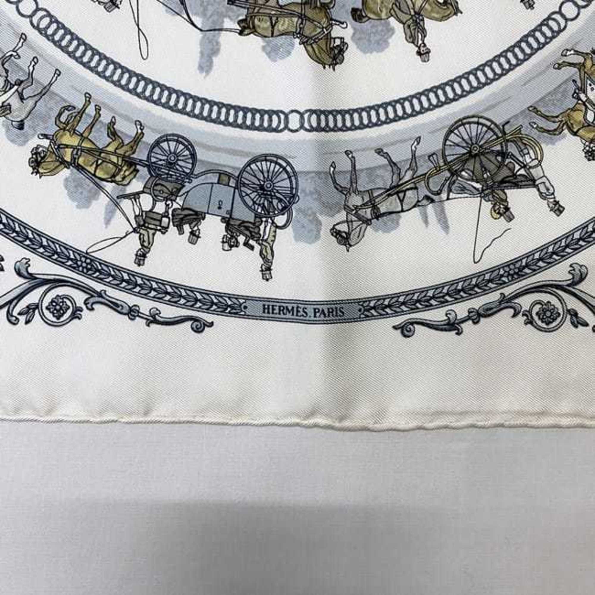 Hermes Scarf Muffler Petit Carre ec-21139 White Silk 100% HERMES Walk to Longchamp Horse Carriage Women's Pattern