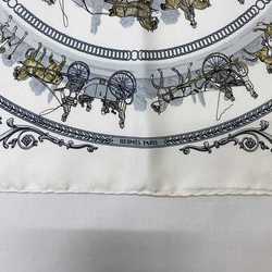 Hermes Scarf Muffler Petit Carre ec-21139 White Silk 100% HERMES Walk to Longchamp Horse Carriage Women's Pattern