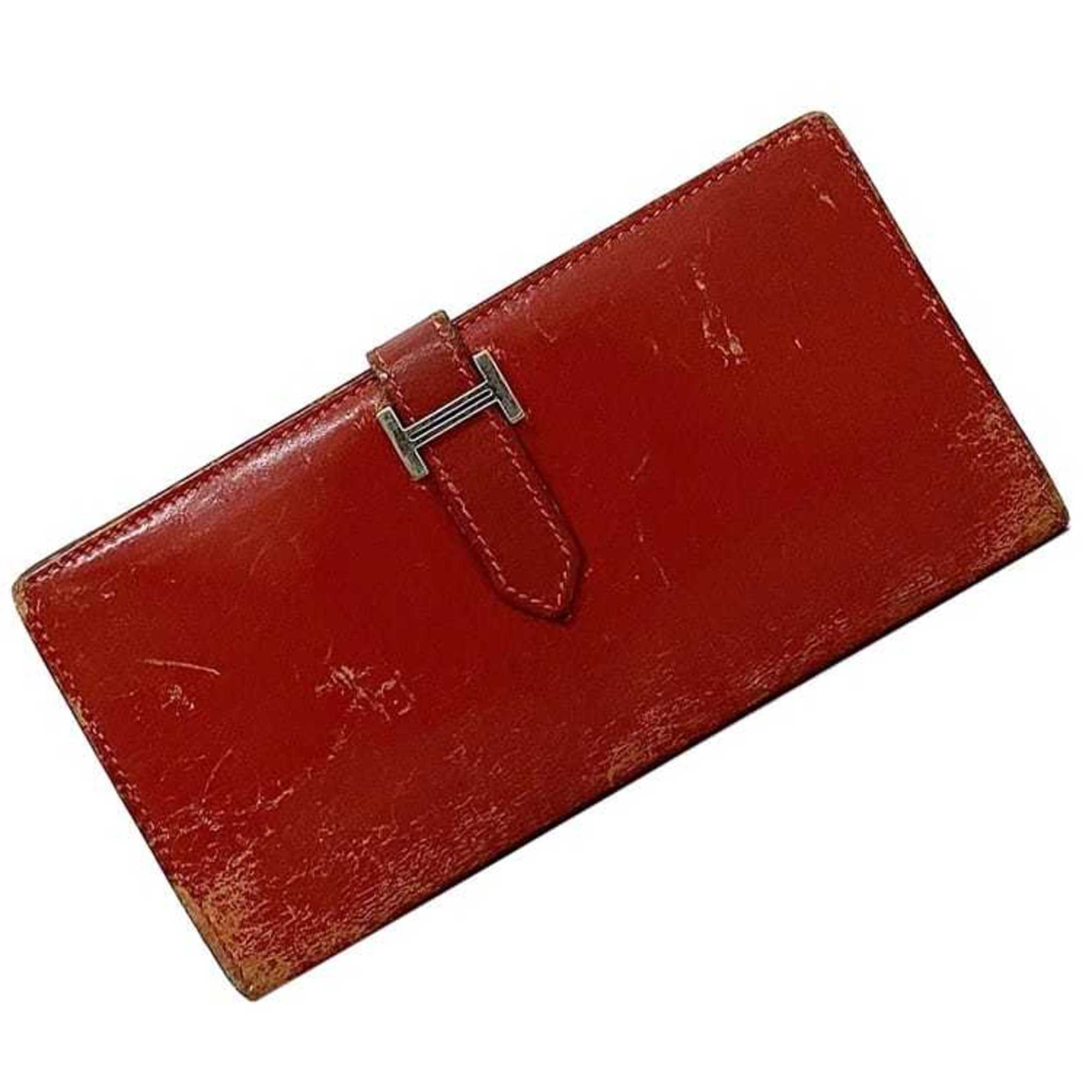 Hermes Bi-fold Long Wallet Bearn ec-21287 Red Leather Box Calf □H Stamp HERMES Folding Women's