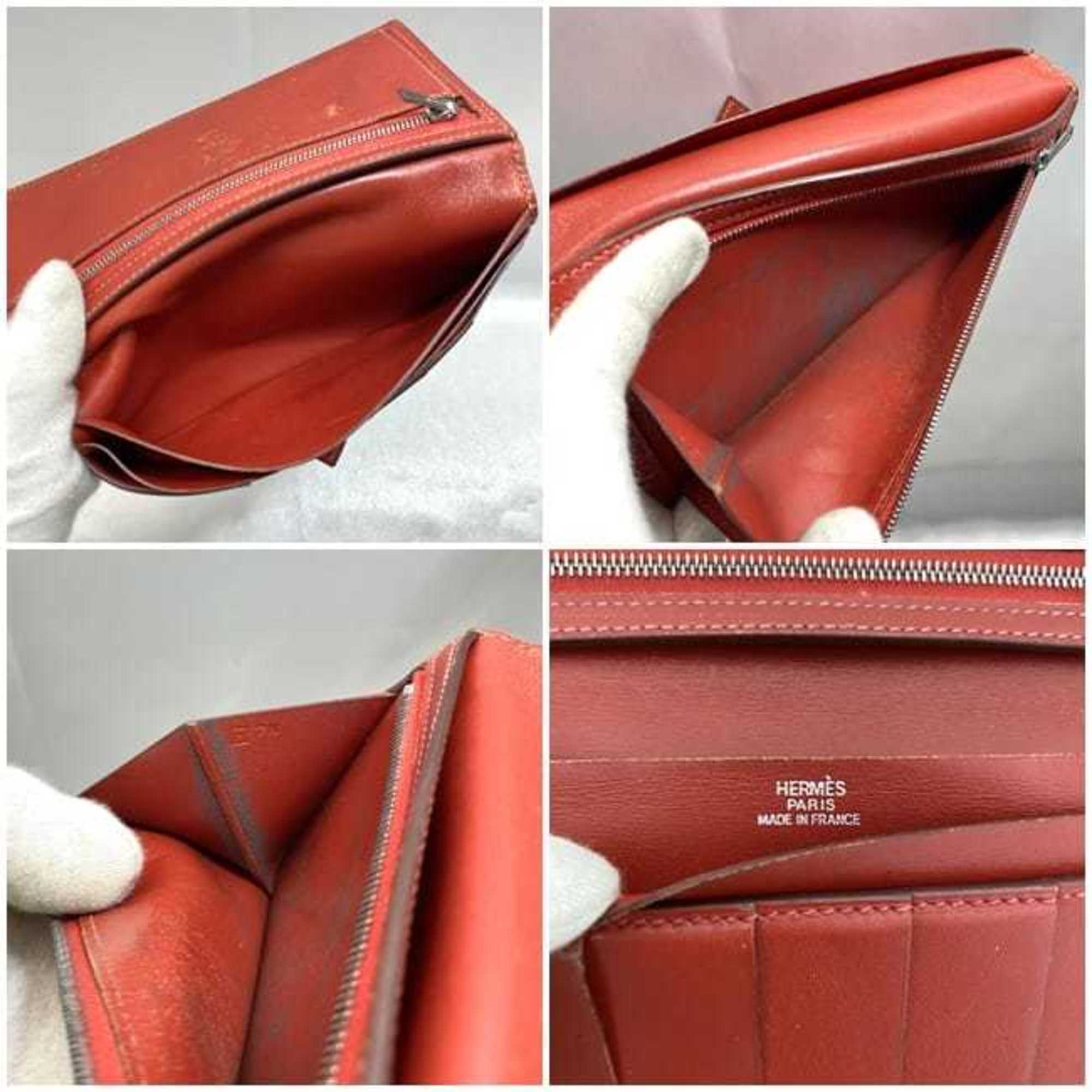 Hermes Bi-fold Long Wallet Bearn ec-21287 Red Leather Box Calf □H Stamp HERMES Folding Women's