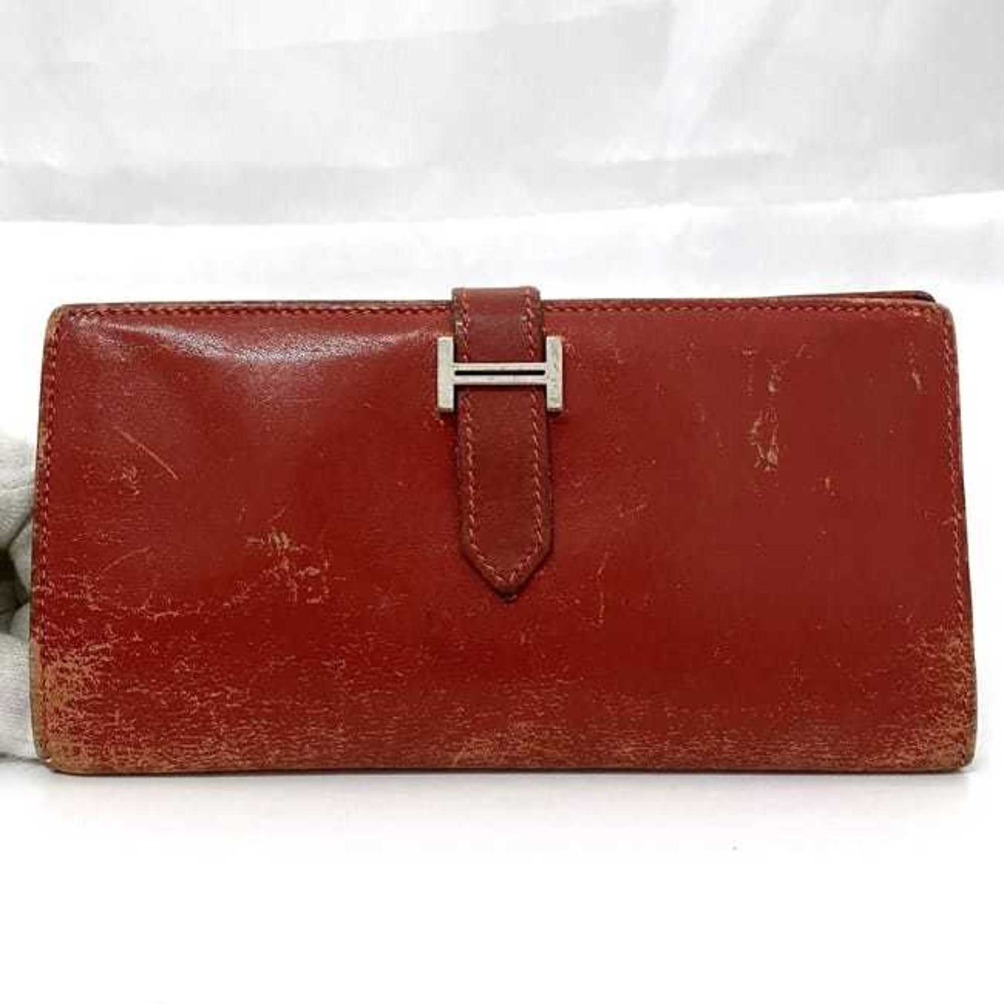 Hermes Bi-fold Long Wallet Bearn ec-21287 Red Leather Box Calf □H Stamp HERMES Folding Women's