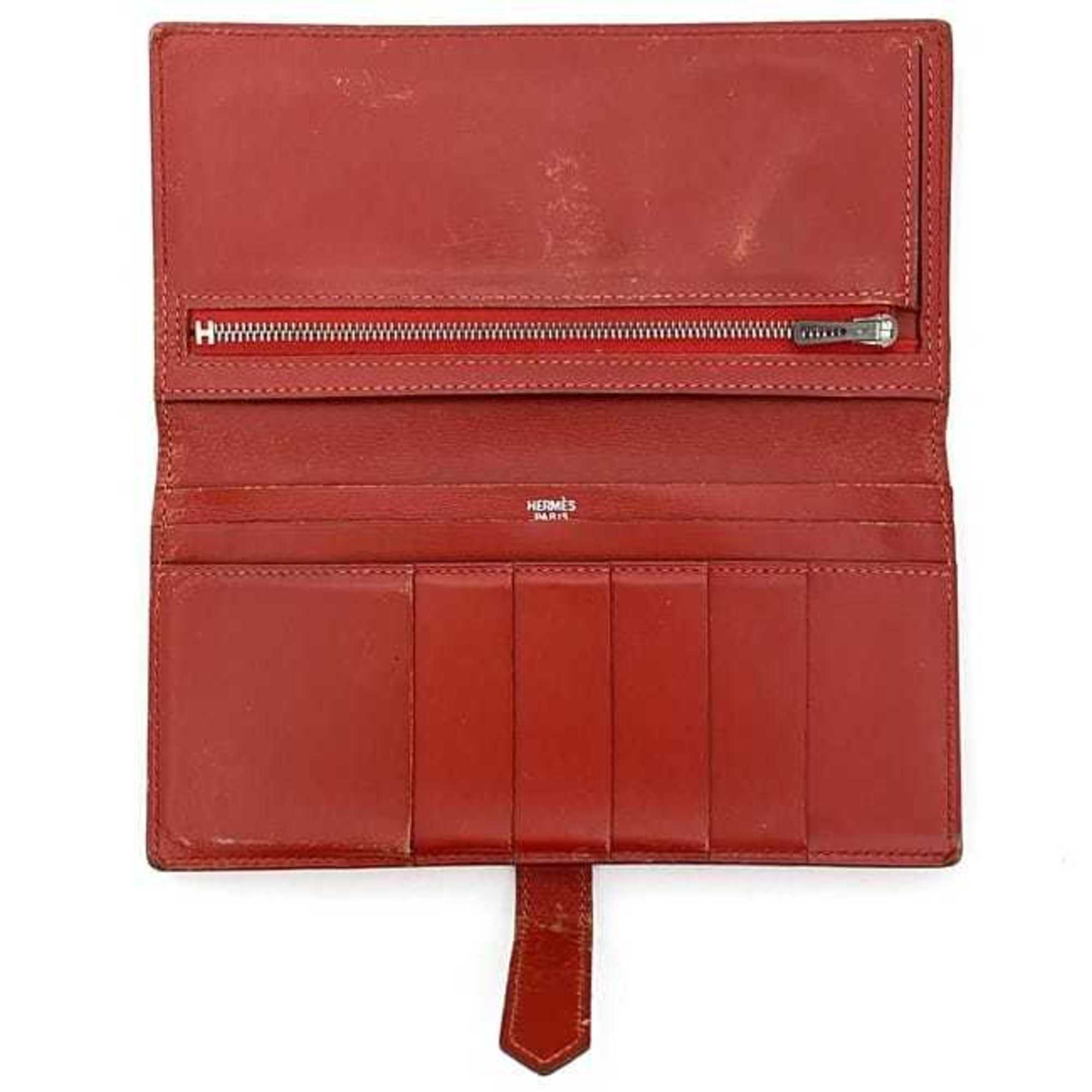 Hermes Bi-fold Long Wallet Bearn ec-21287 Red Leather Box Calf □H Stamp HERMES Folding Women's