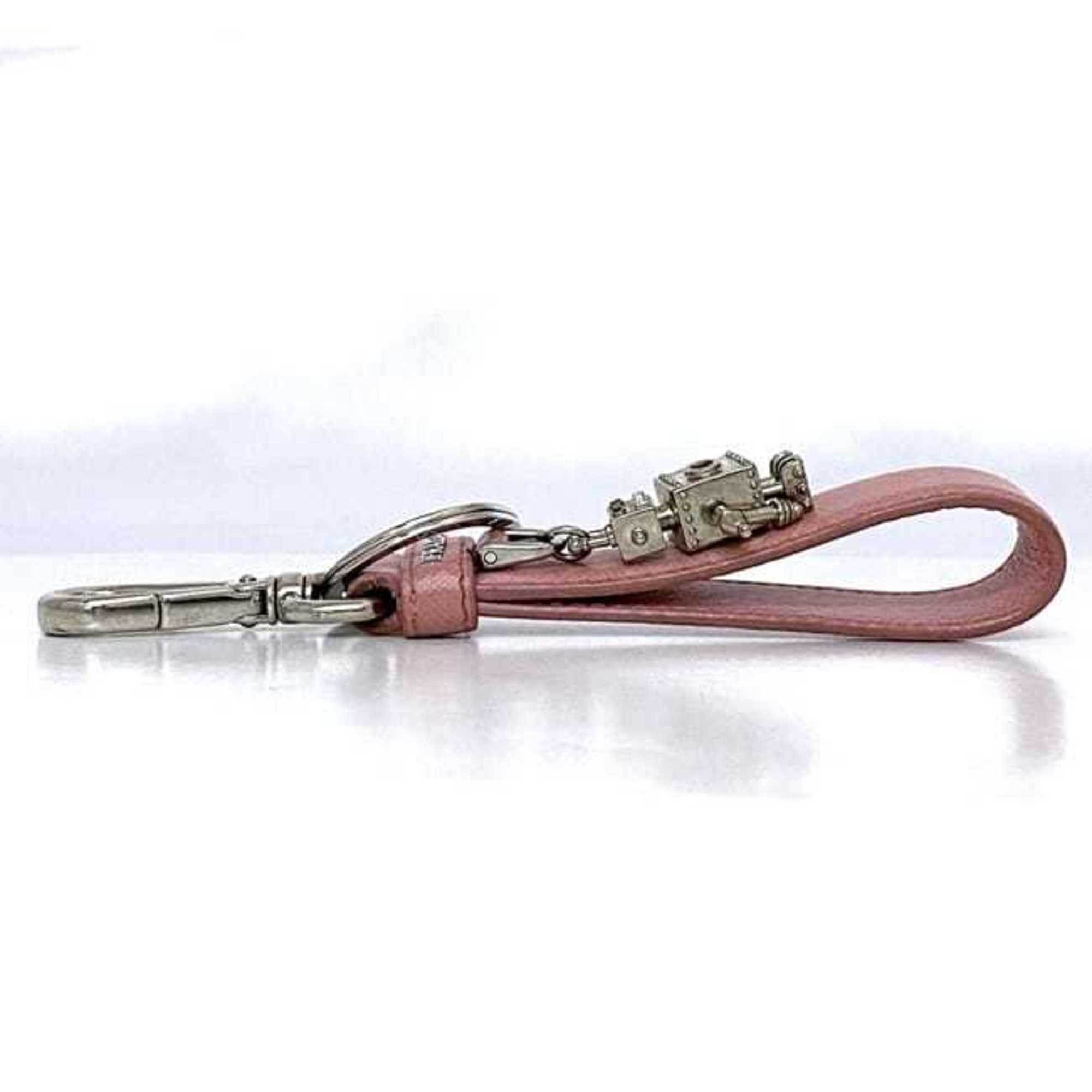 Prada Keychain ec-21283 Silver Pink Keyring Saffiano Leather Metal PRADA Robot Charm Strap Bag Women's