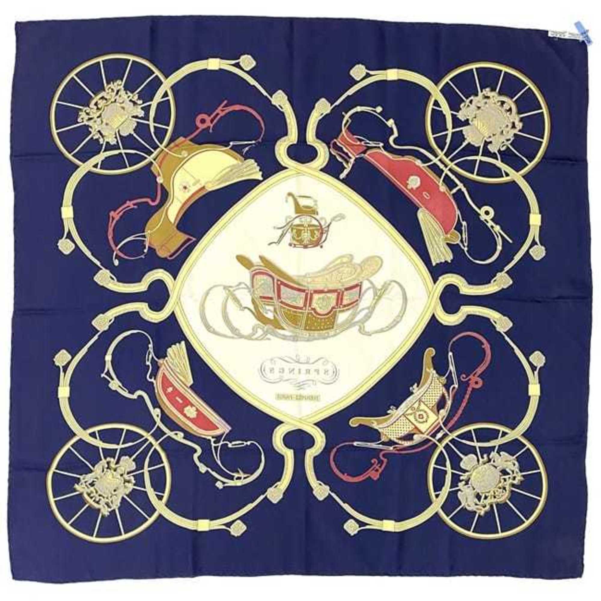 Hermes Scarf Muffler Carre 90 ec-21136 Navy White SPRINGS 100% Silk HERMES Large Saddlery Springs Blue Women's