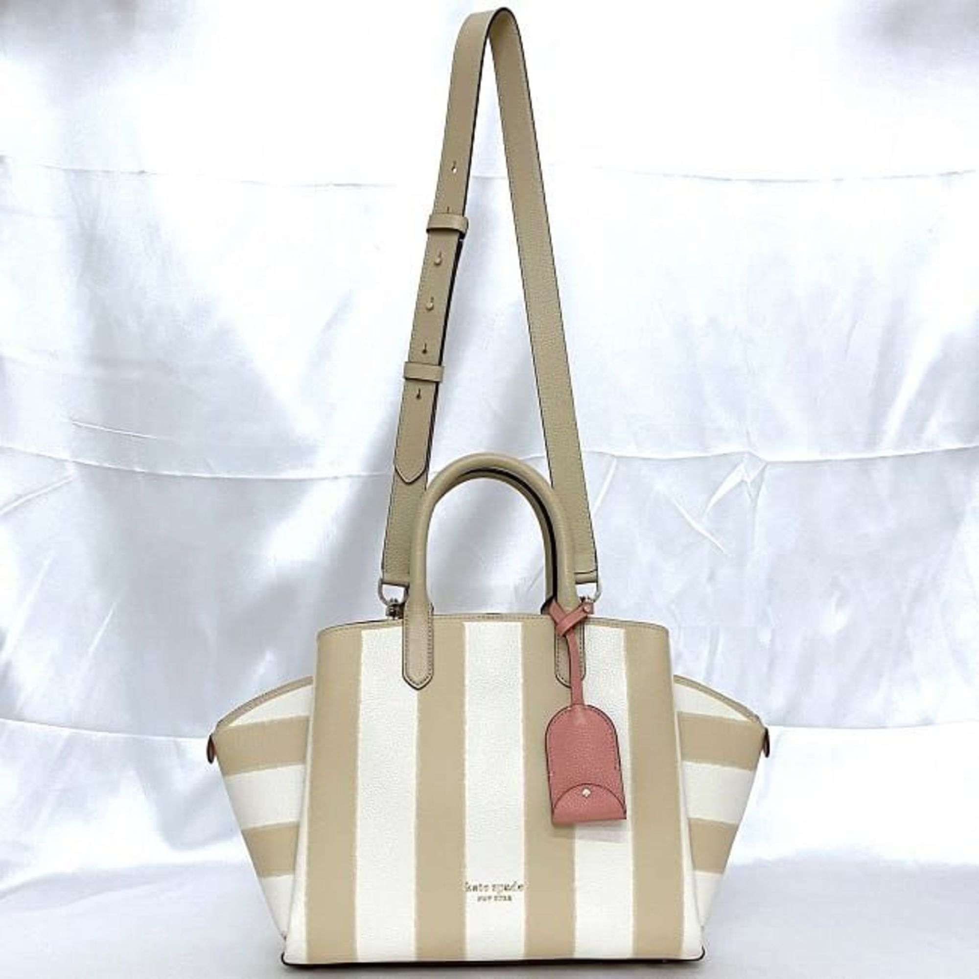 Kate Spade 2-way Bag Avenue Medium Satchel ec-20911 Beige White Awning Stripe K7747 Leather Shoulder Handbag Women's