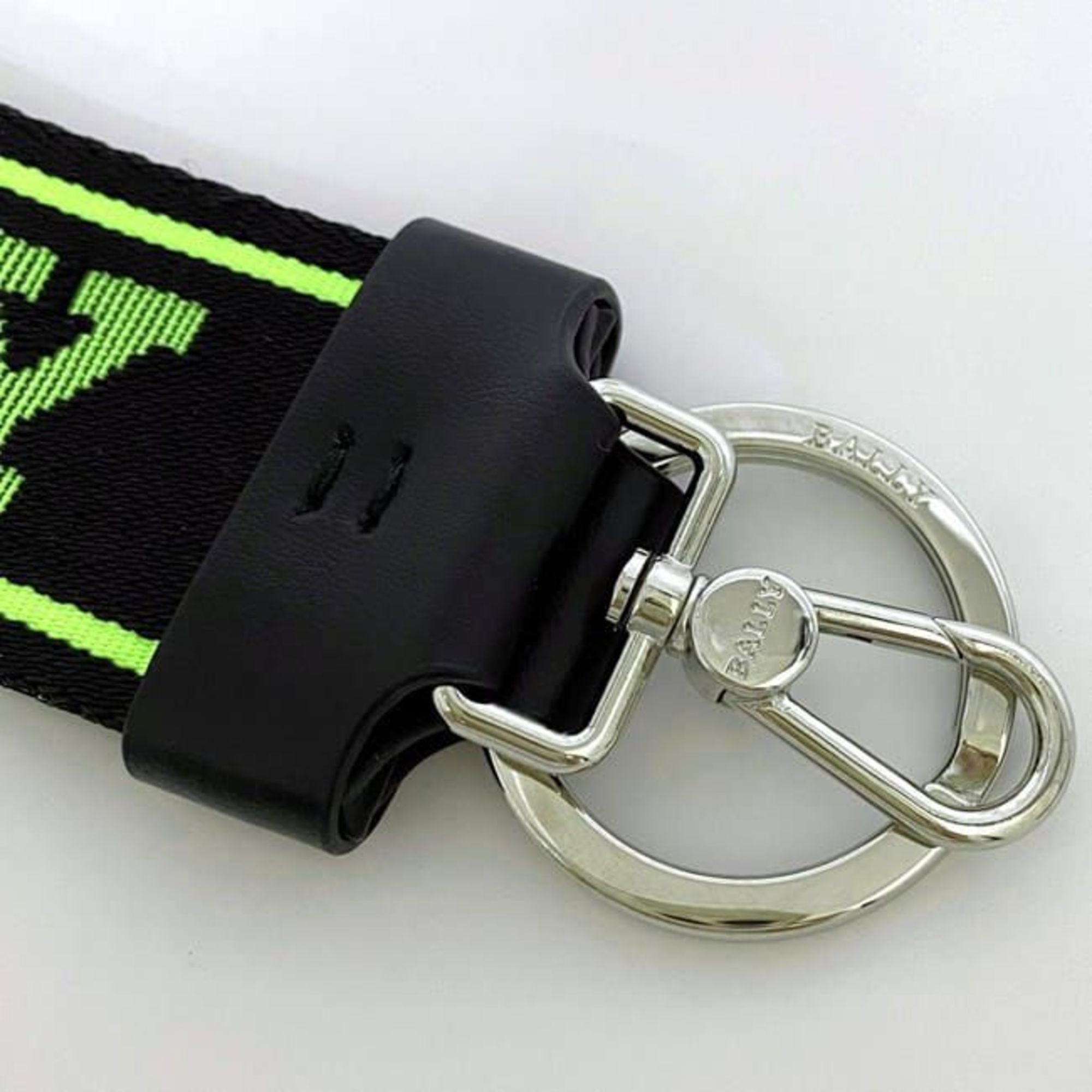 Bally Keychain ec-21483 Black Neon Green FLORYAN.WB/164 Strap Nylon Leather BALLY Tag Keyring Bag Charm Color