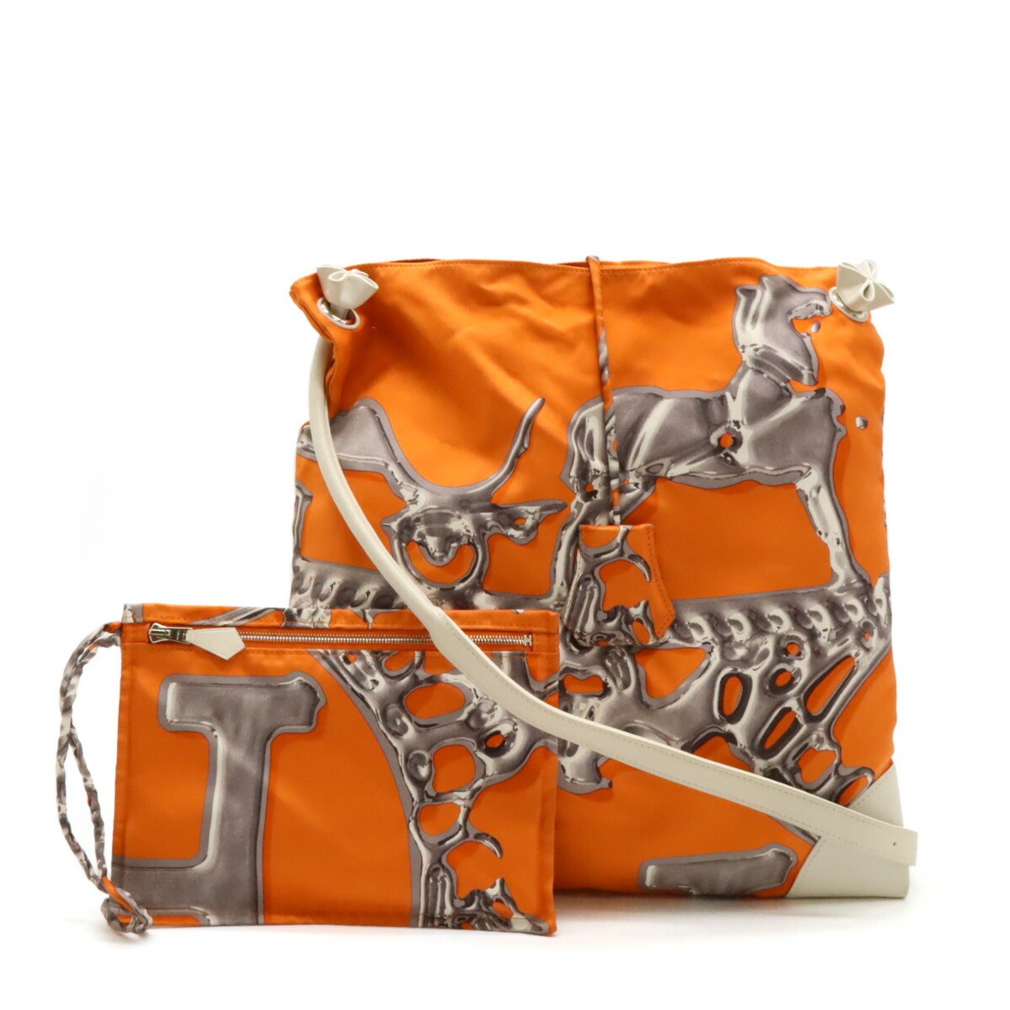 HERMES Silky City PM Shoulder Bag VIF ARGENT Silver Drop Silk Leather Orange White O Stamp