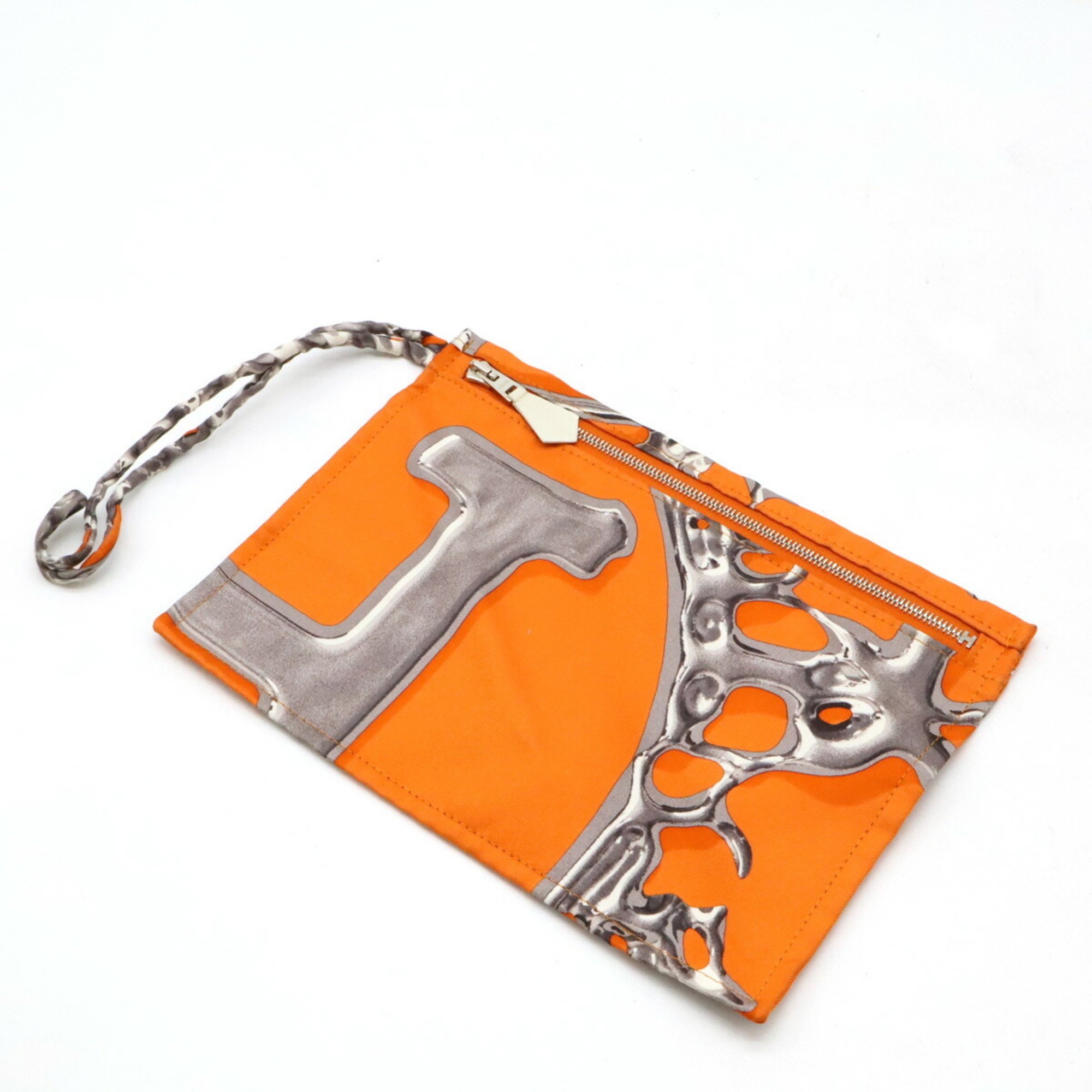 HERMES Silky City PM Shoulder Bag VIF ARGENT Silver Drop Silk Leather Orange White O Stamp