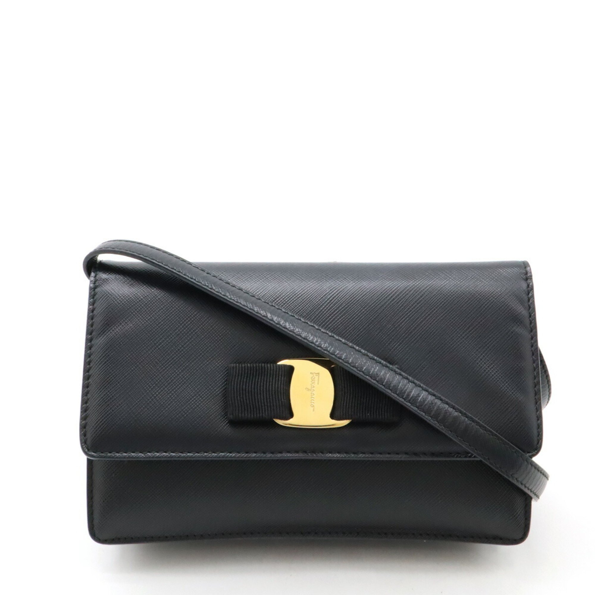 Salvatore Ferragamo Vara Ribbon Shoulder Bag Clutch Leather Black AU22/C543