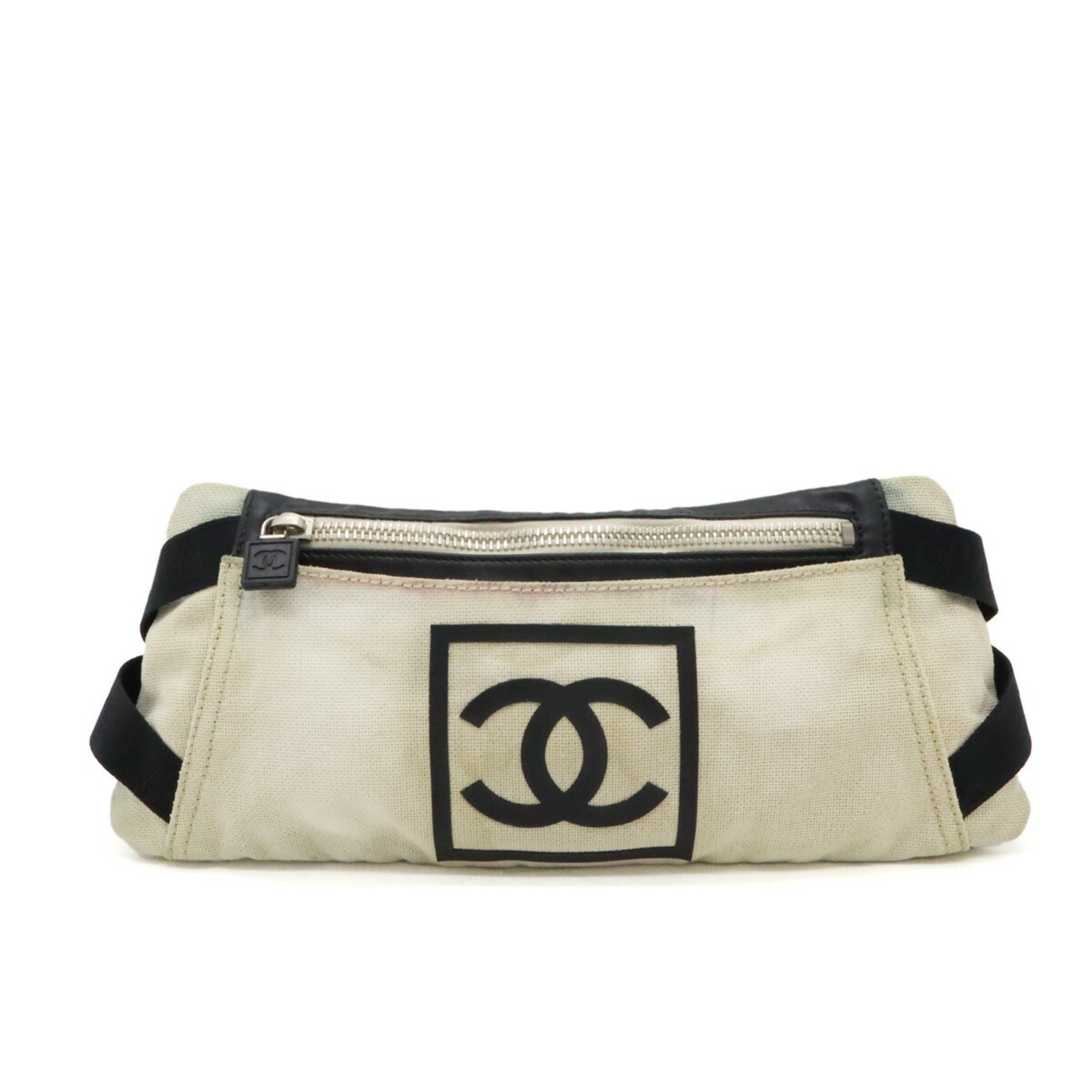 CHANEL Chanel Sport Line Coco Mark Body Bag Waist Pouch Canvas Ivory Black