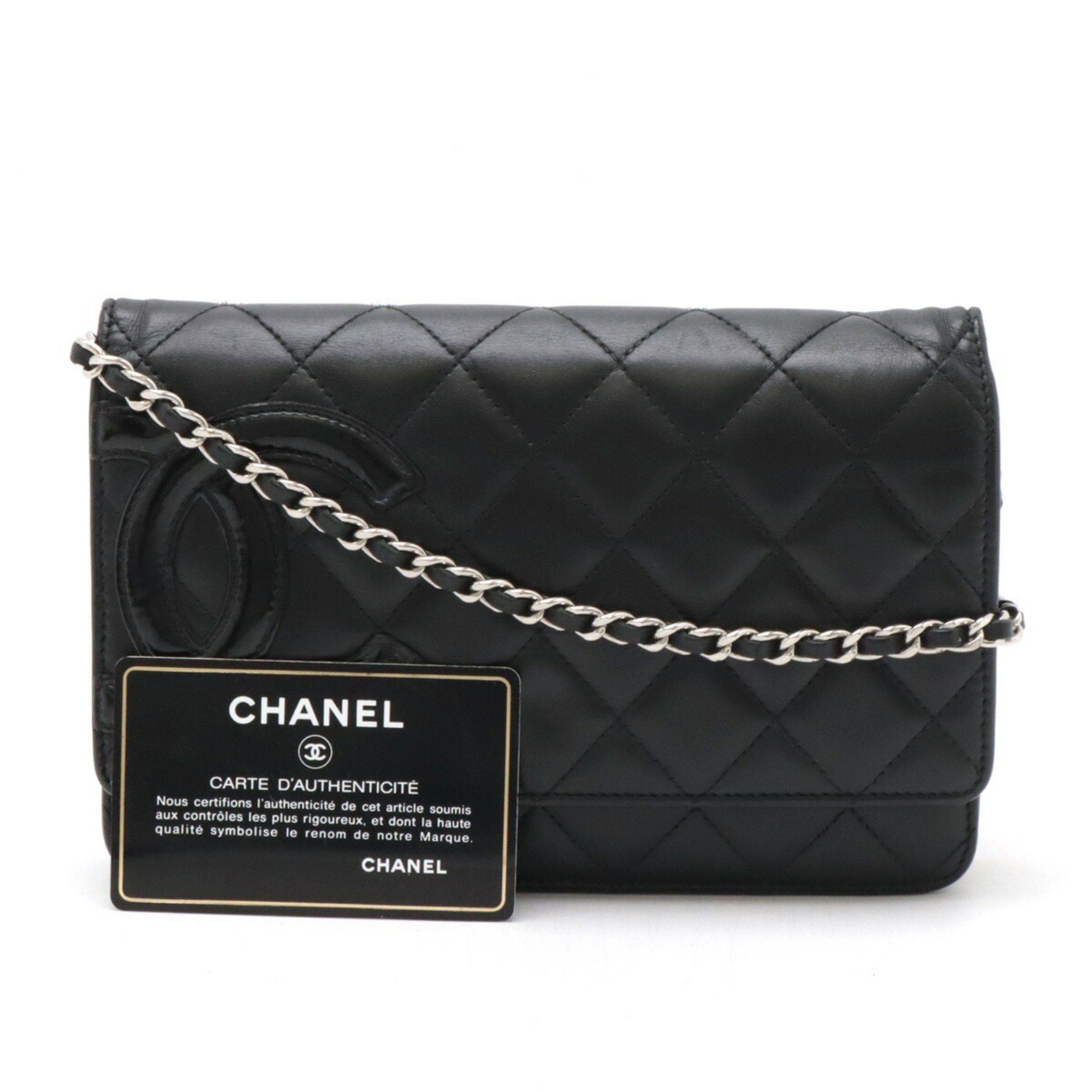 CHANEL Cambon Line Chain Wallet Shoulder Bag Clutch Leather Enamel Black 6646