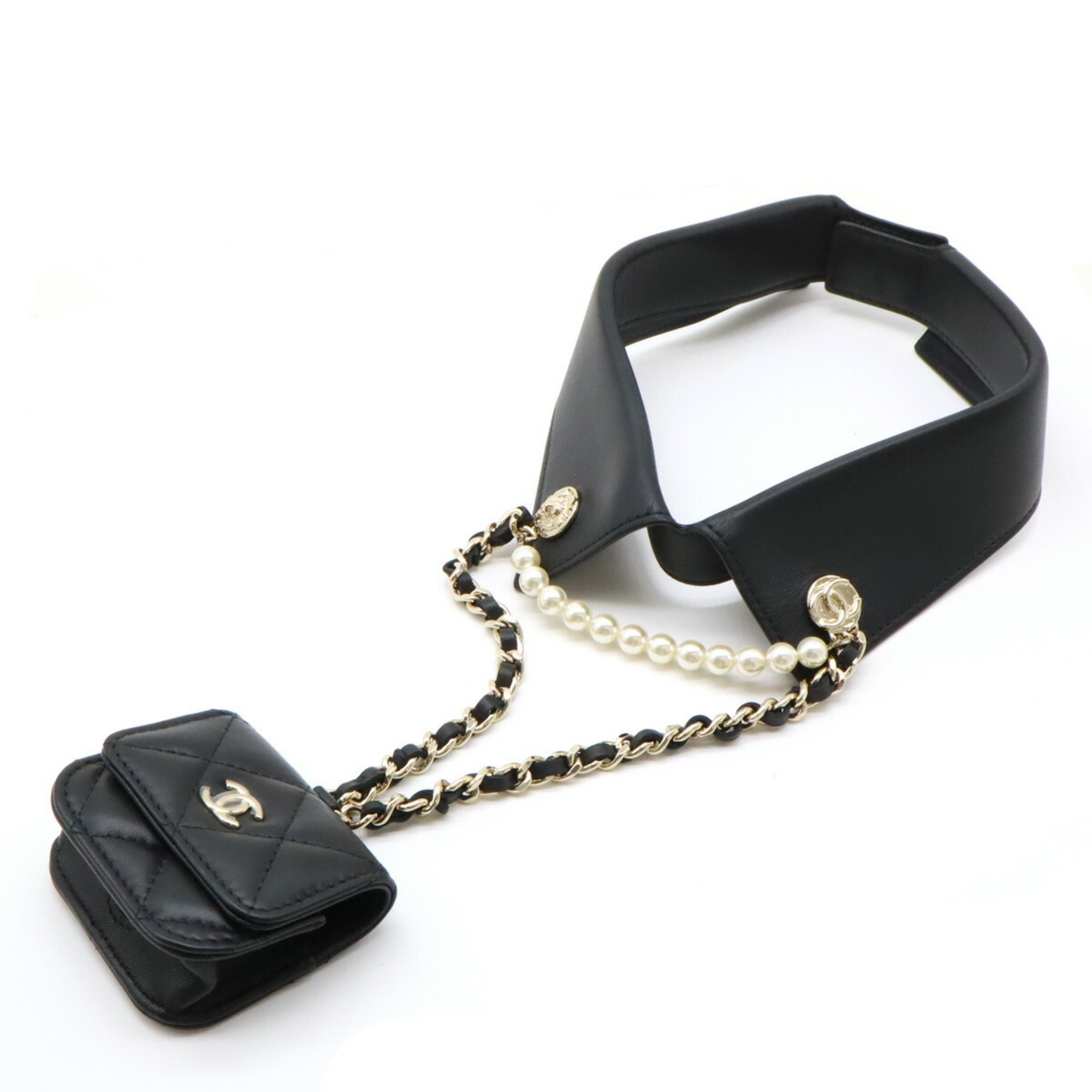 CHANEL Chanel Matelasse Collar Pouch Coco Mark Earphone Case Leather Black