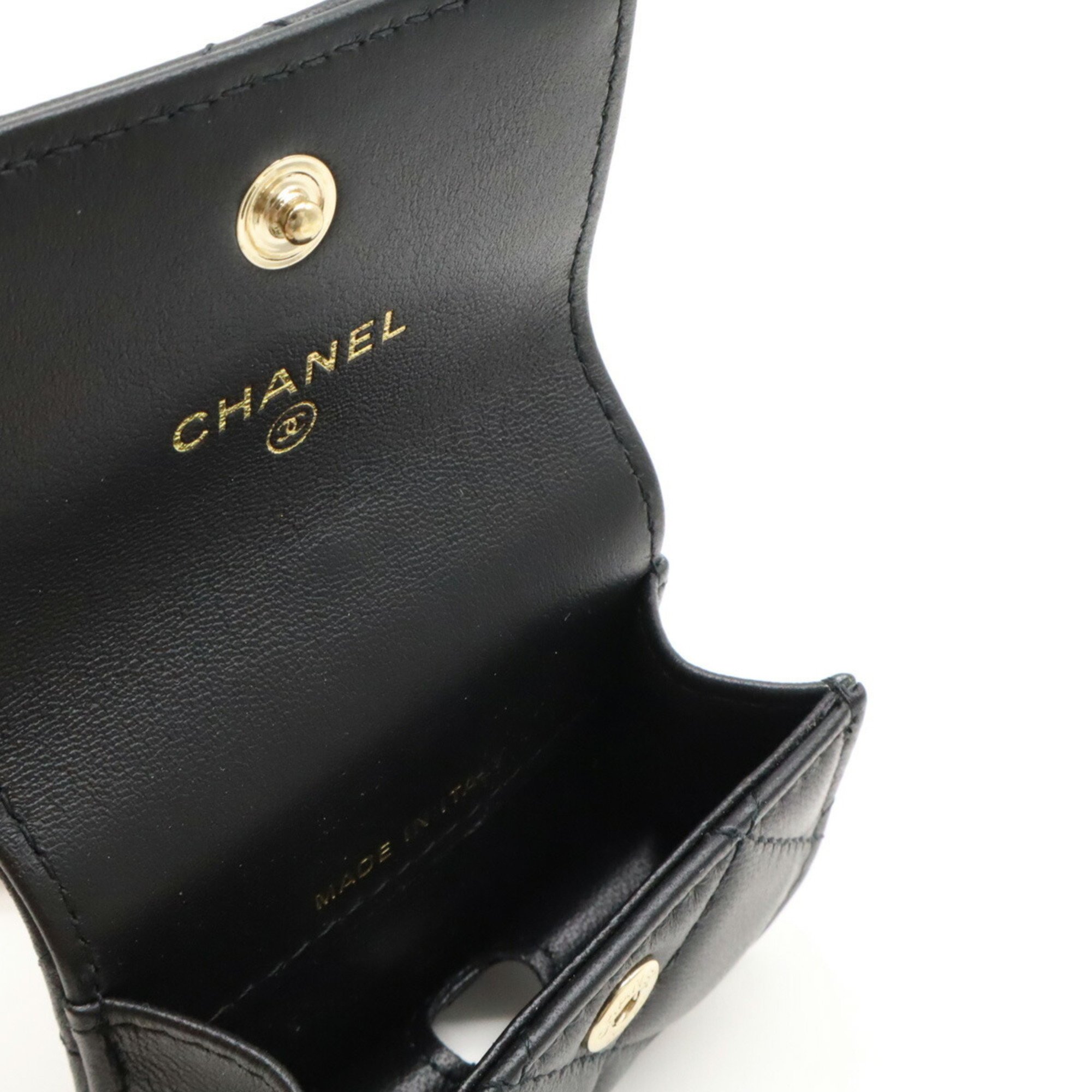 CHANEL Chanel Matelasse Collar Pouch Coco Mark Earphone Case Leather Black