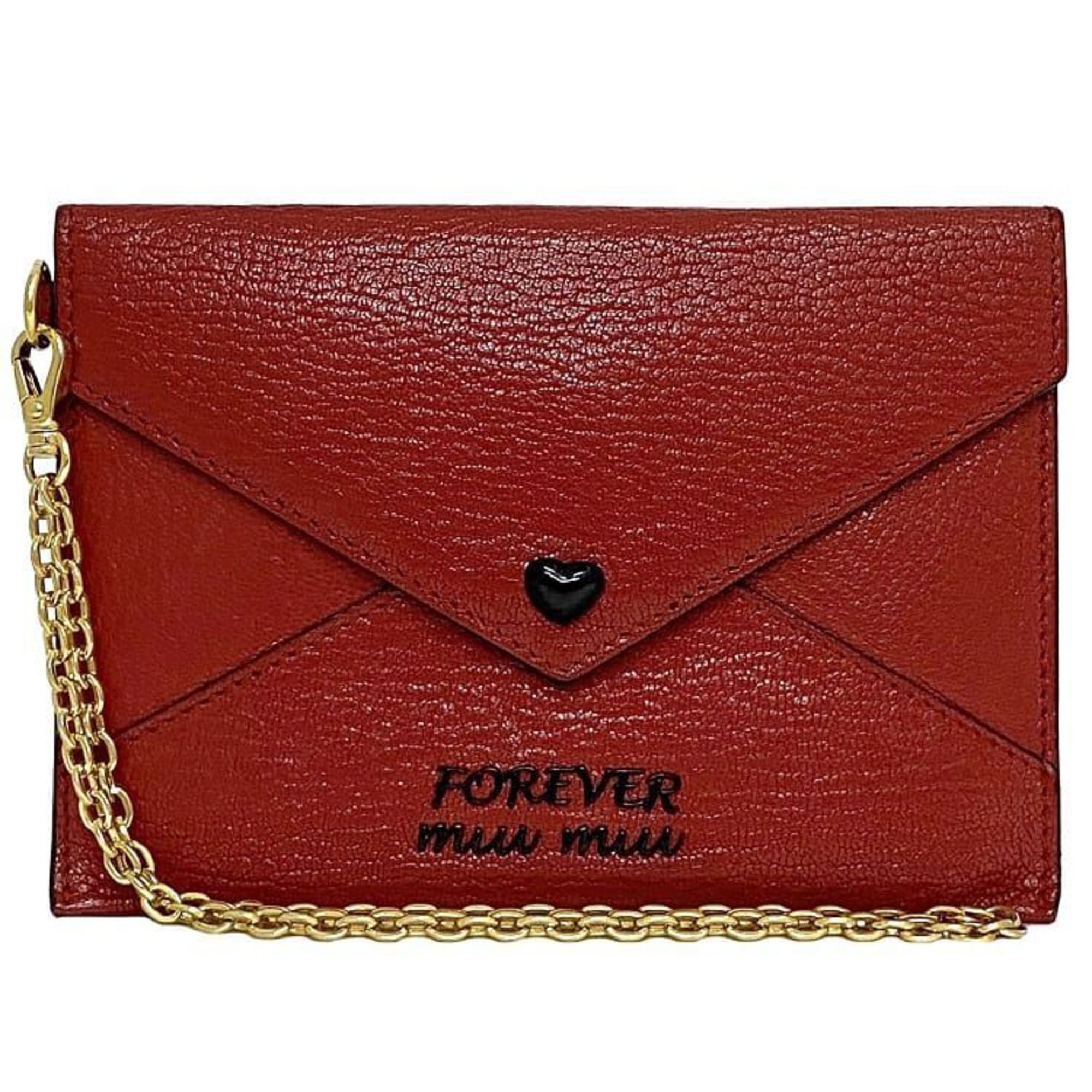 Miu Miu Miu Card Case Red Madras 5TL346 ec-20305 Heart Coin Leather Purse Pouch Flap Chain Compact