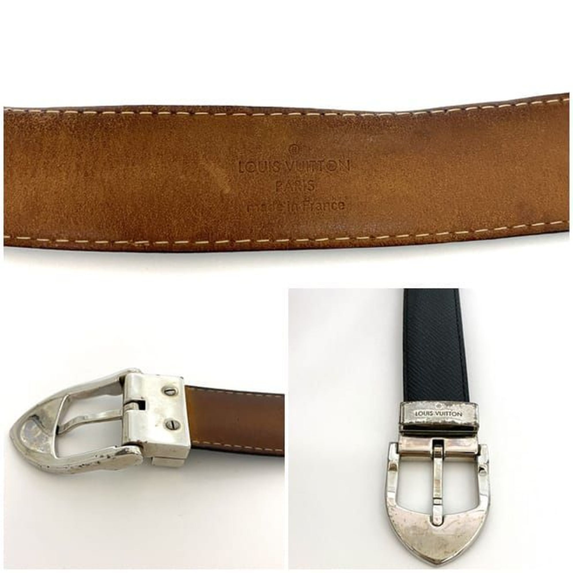 Louis Vuitton Belt Santur Classic ec-21564 Black Silver Ardoise Taiga M6843 Waist ~88cm Leather CT2192 LOUIS VUITTON LV