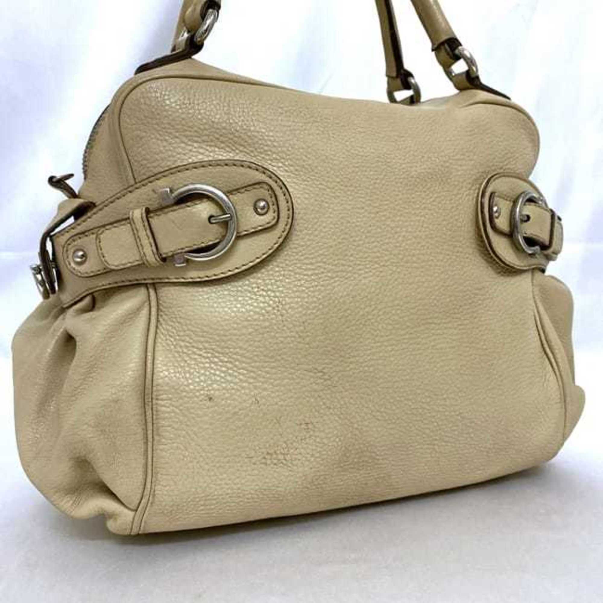 Salvatore Ferragamo 2way Boston bag ec-21259 Beige Gancini BW-21 Shoulder Leather 7378 Tote Bag