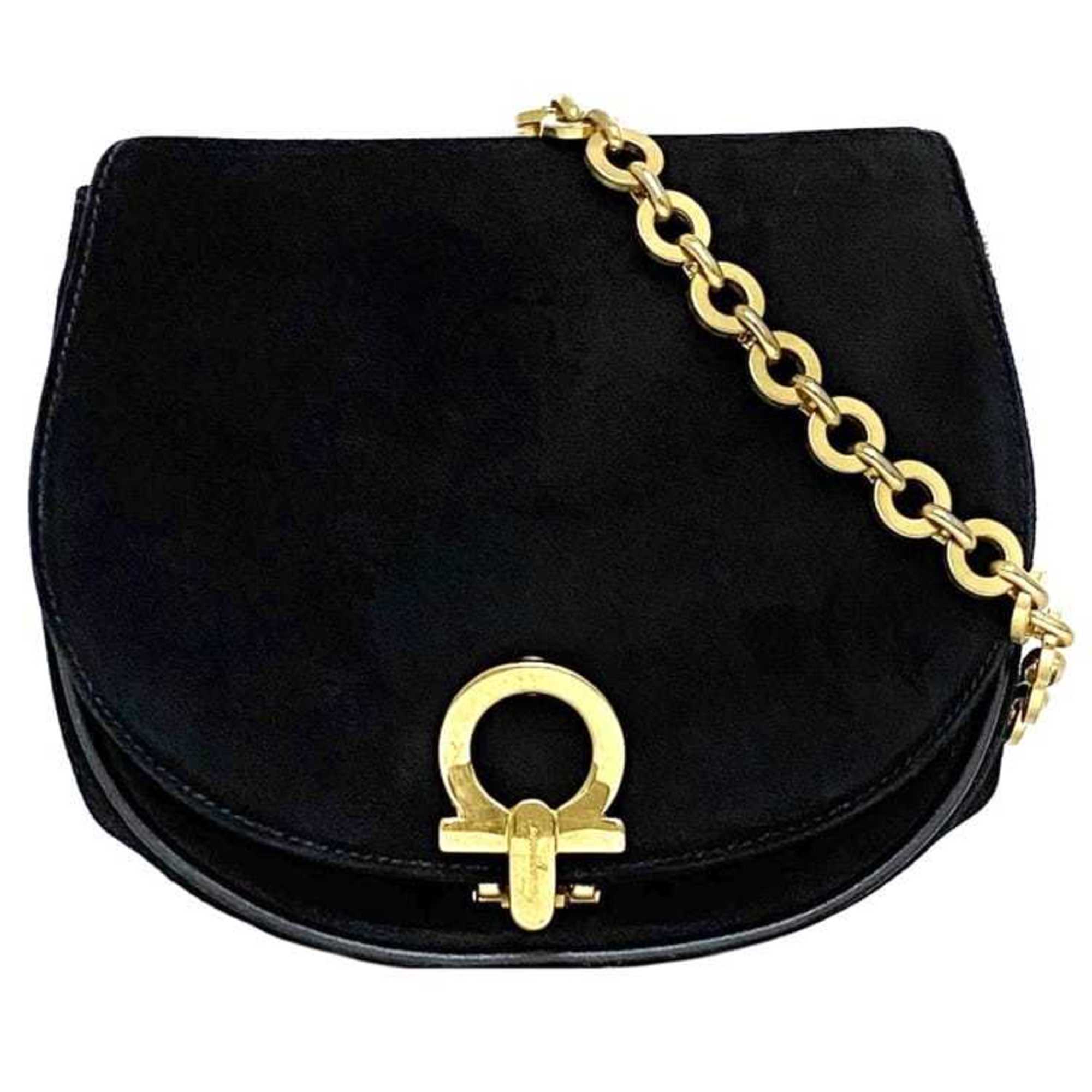 Salvatore Ferragamo Chain Shoulder Bag ec-21217 Black Gancini AQ214204 Suede Leather Flap Belt Women's