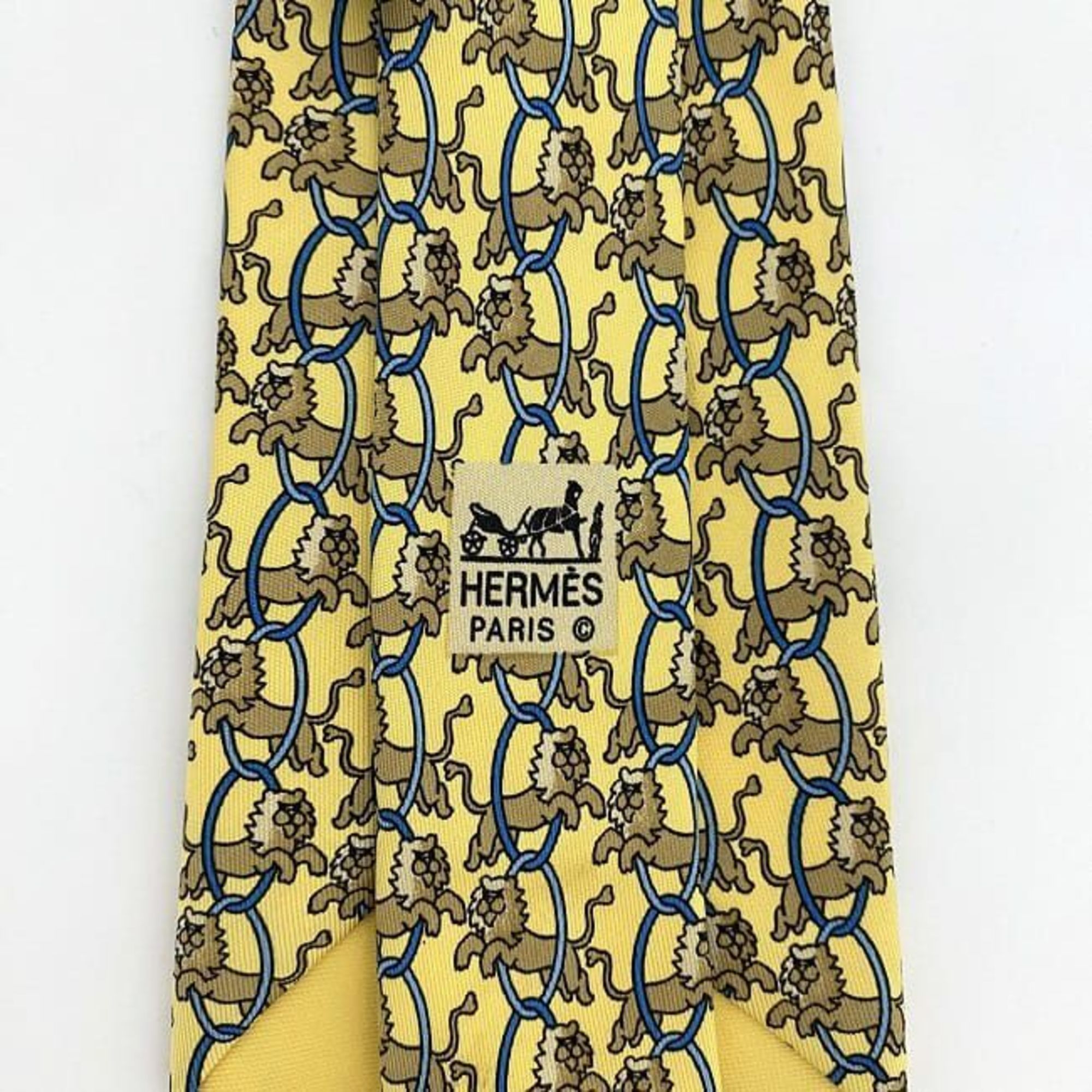 Hermes tie yellow ec-20347 100% silk HERMES lion animal men's