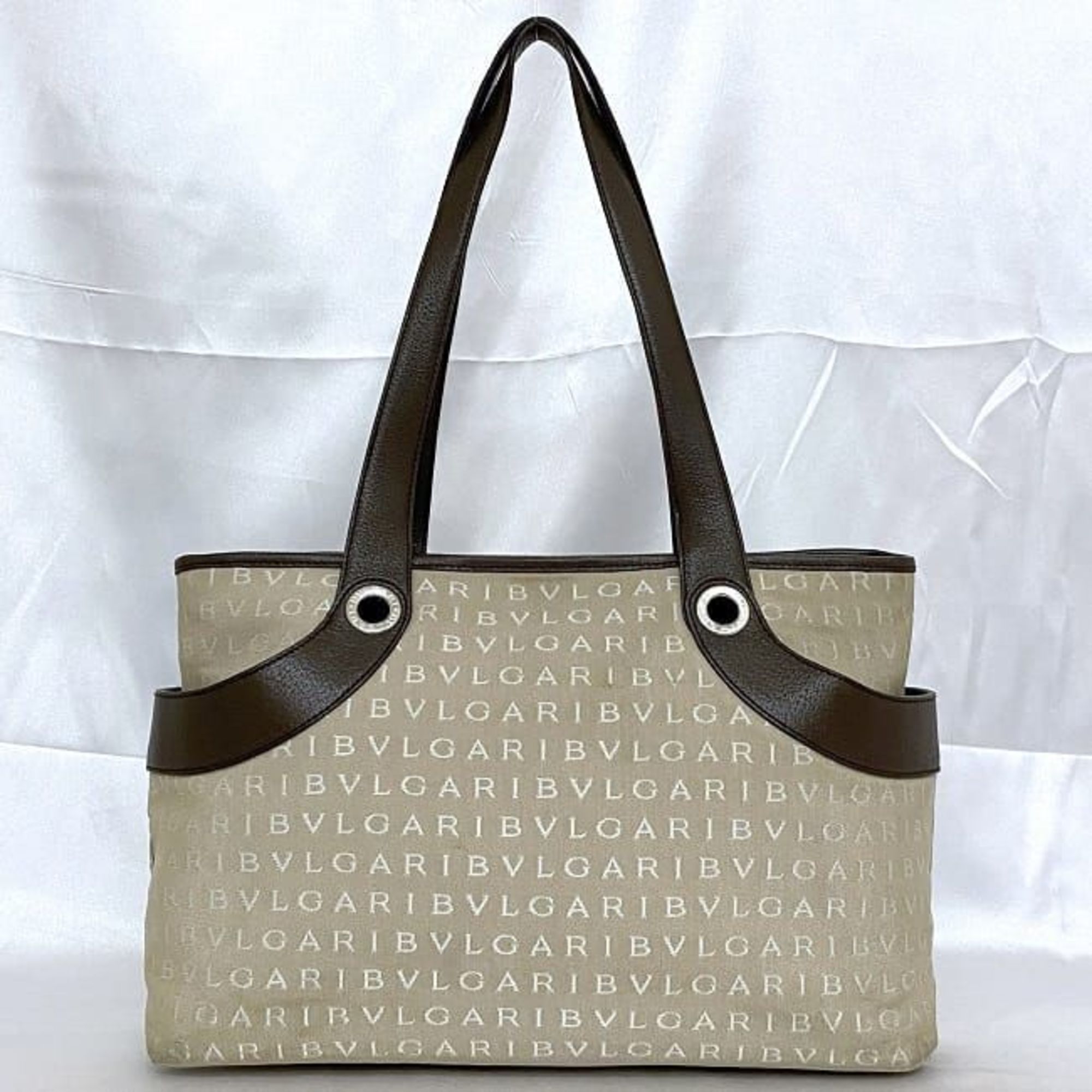 Bvlgari Tote Bag Beige Brown Mania ec-20694 Canvas Leather BVLGARI A4 Women's