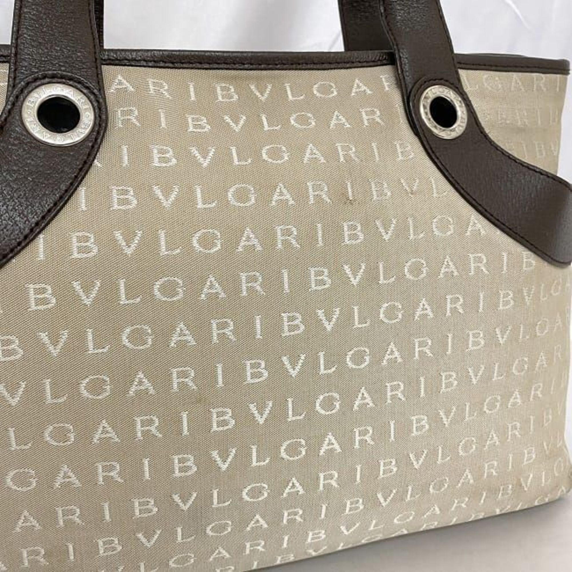 Bvlgari Tote Bag Beige Brown Mania ec-20694 Canvas Leather BVLGARI A4 Women's