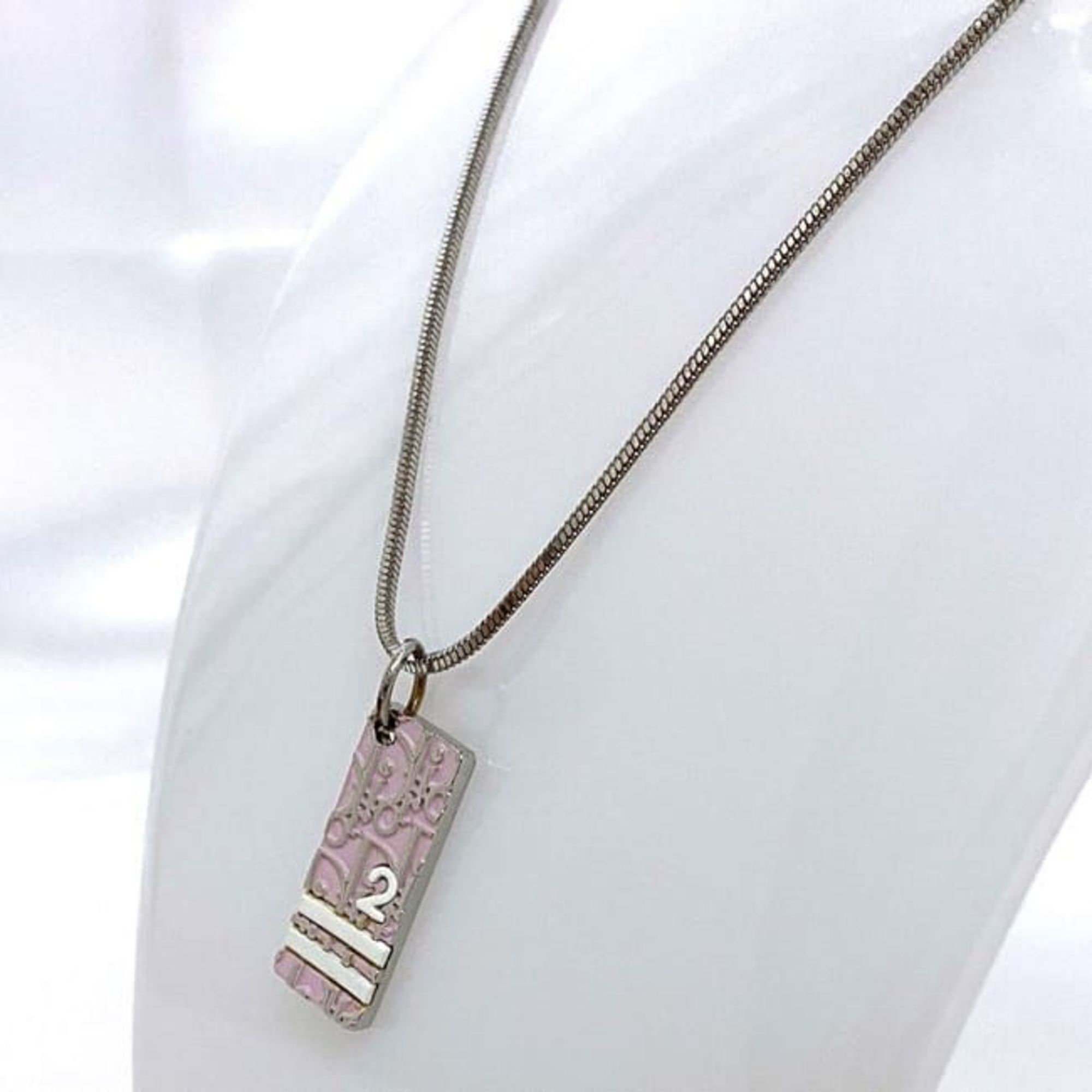 Christian Dior Necklace ec-21018 Silver Pink Trotter Bar Metal Plate Women's