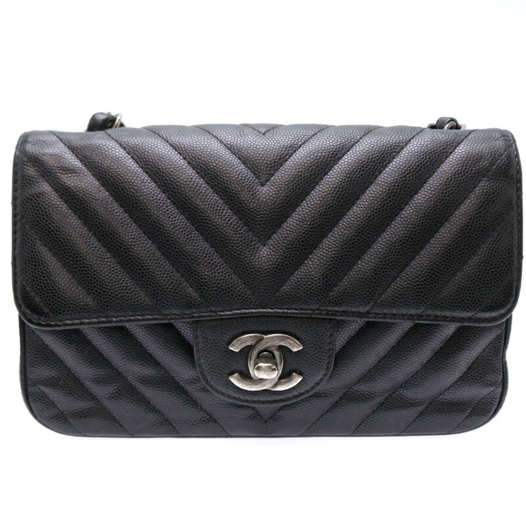 Chanel Seal Chevron Women's Shoulder Bag Caviar Skin Black