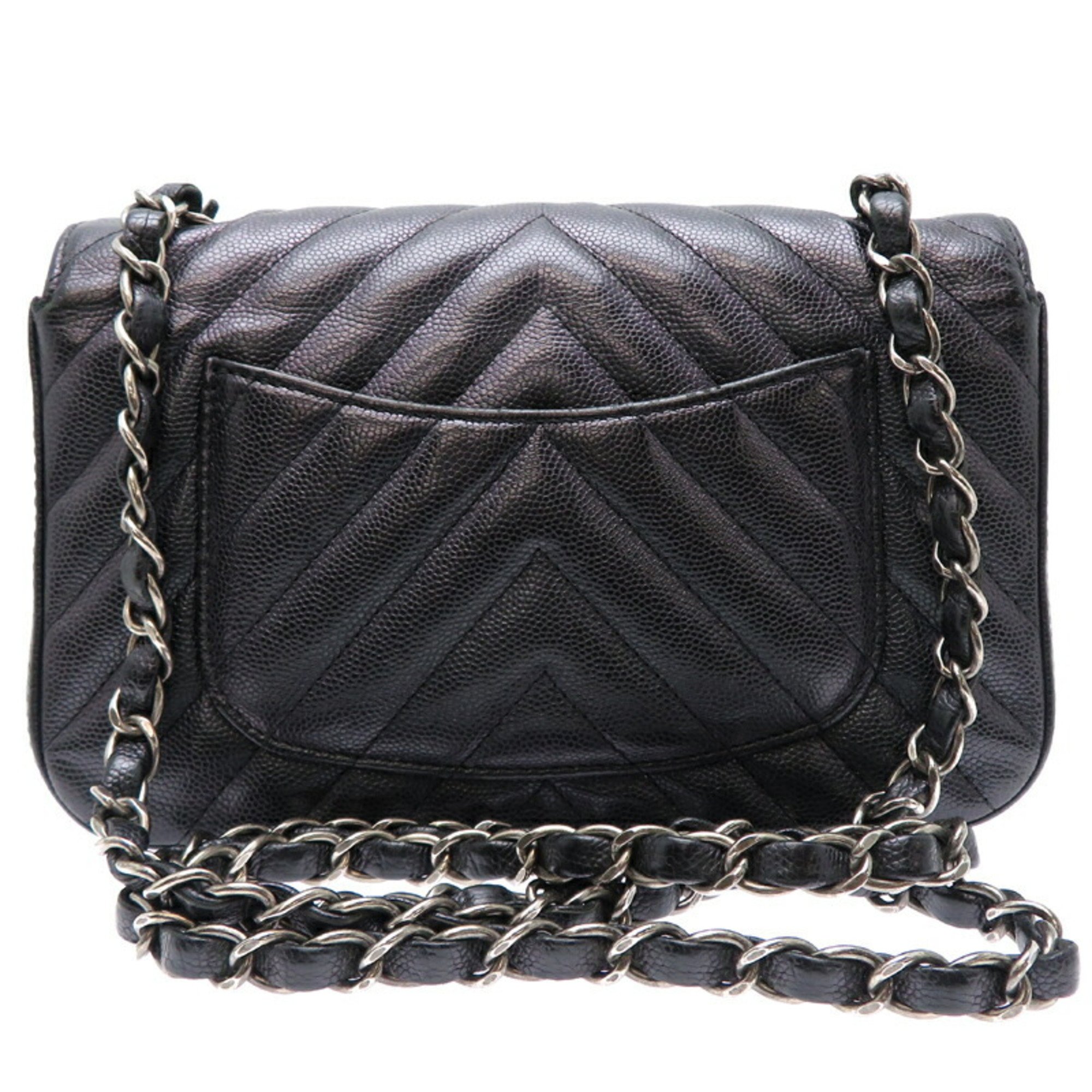 Chanel Seal Chevron Women's Shoulder Bag Caviar Skin Black