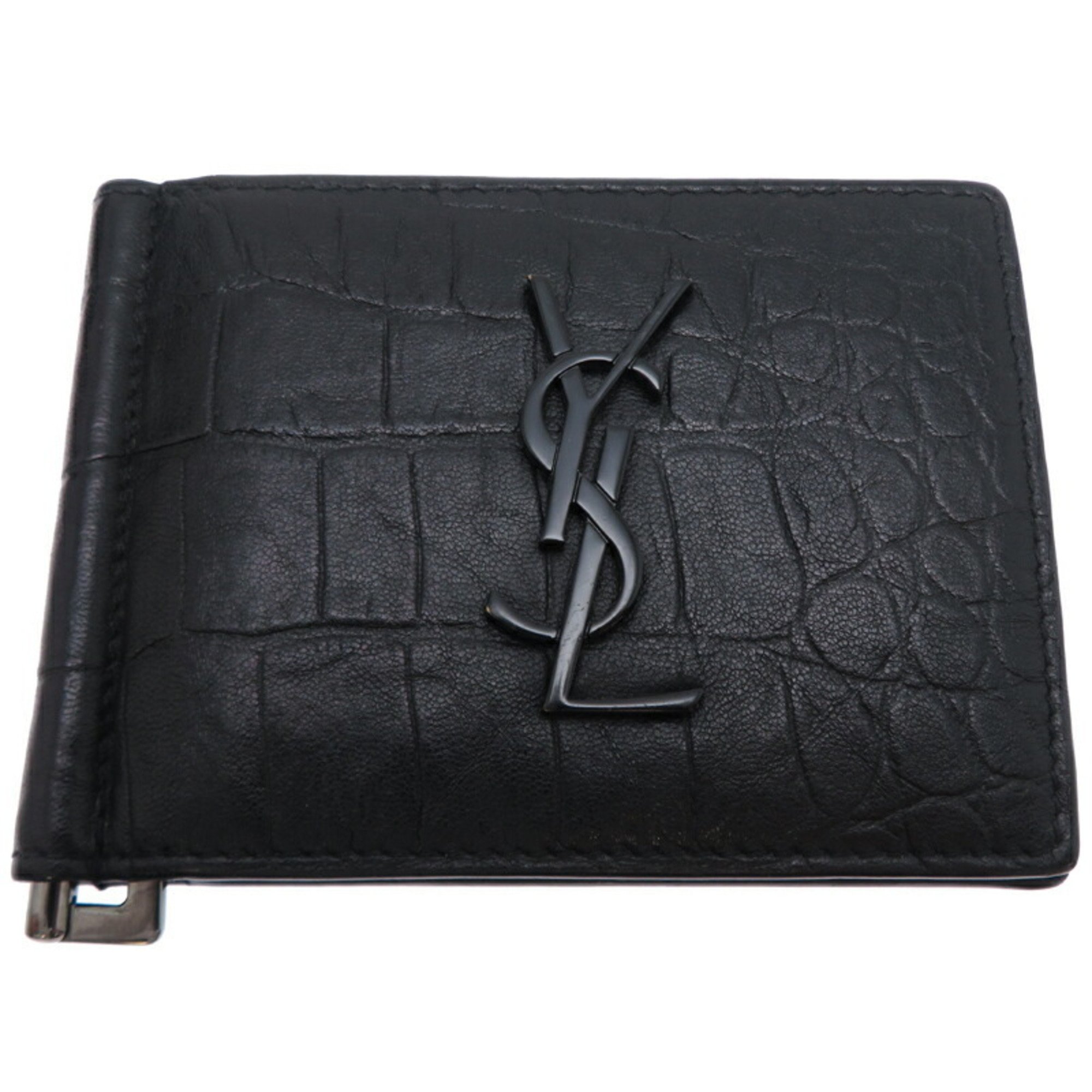 Yves Saint Laurent Cassandra Bill Clip Women's Bi-fold Wallet 485630 Leather Black