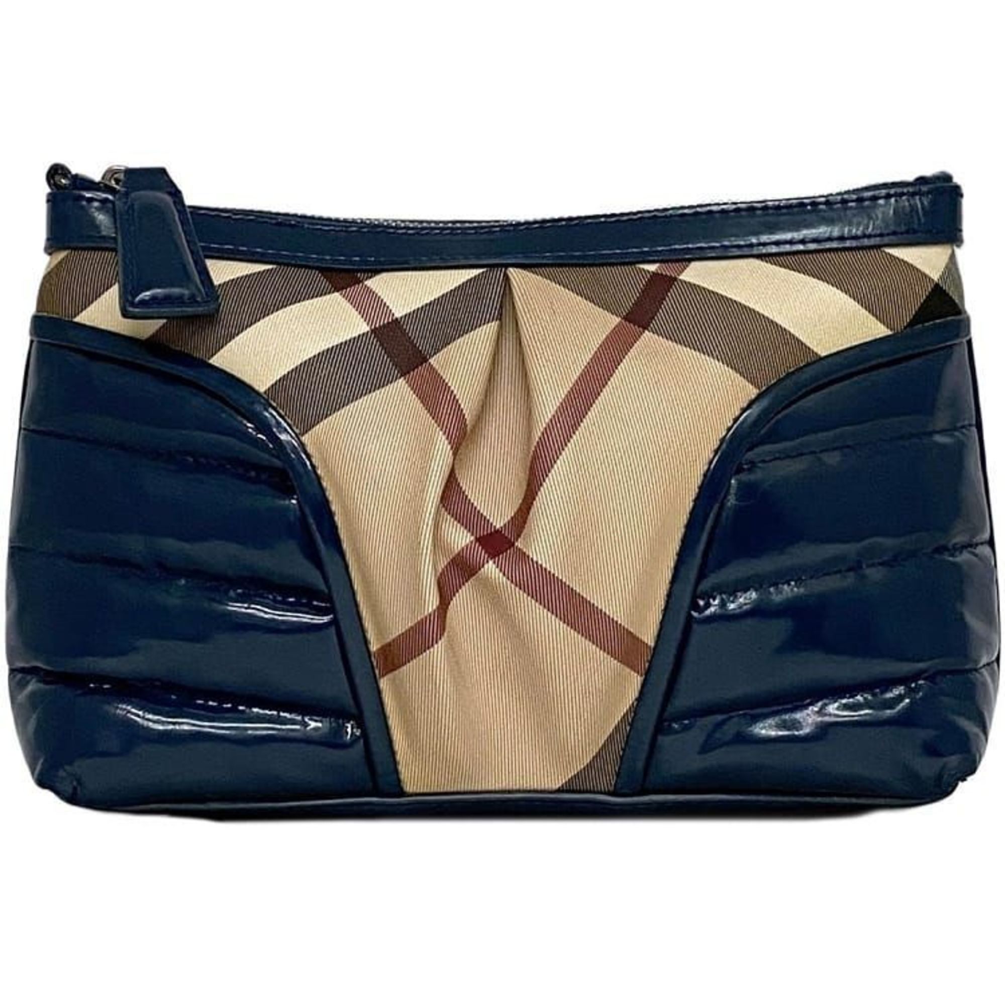 Burberry pouch ec-21677 beige navy blue 3765989 clutch bag PVC patent leather BURBERRY check puffer pattern women's men's enamel quilting