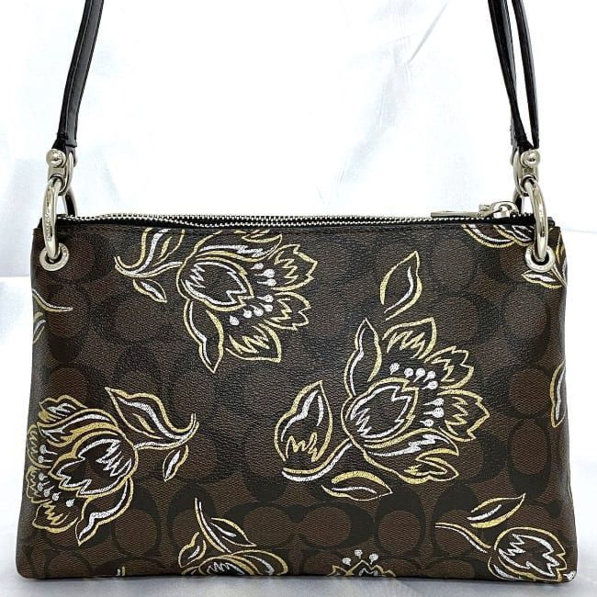 Coach Shoulder Bag Brown Black Signature F77982 ec-20233 PVC Leather COACH Flower Women's Compact