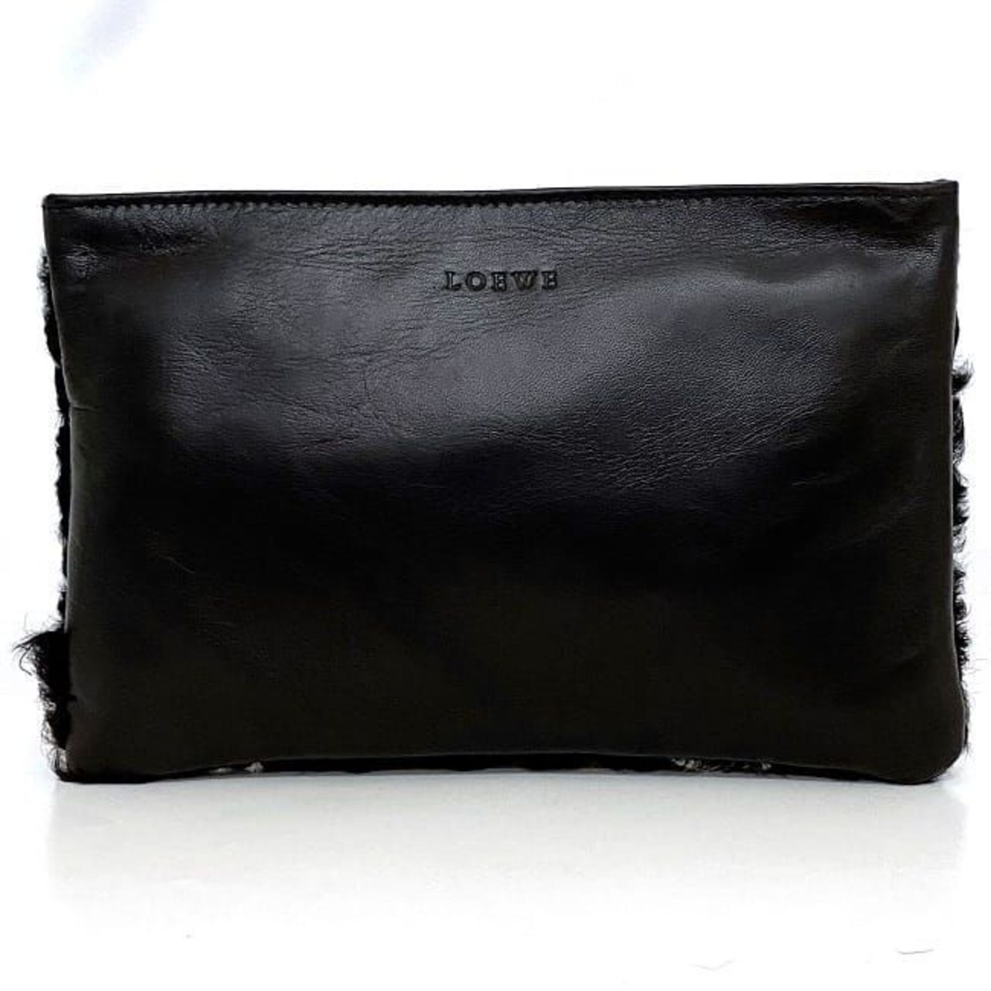 LOEWE Pouch Black ec-20624 Leather Fur Clutch Bag Women's Compact