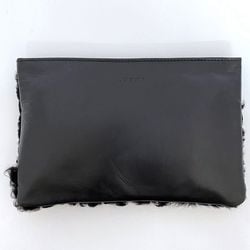 LOEWE Pouch Black ec-20624 Leather Fur Clutch Bag Women's Compact