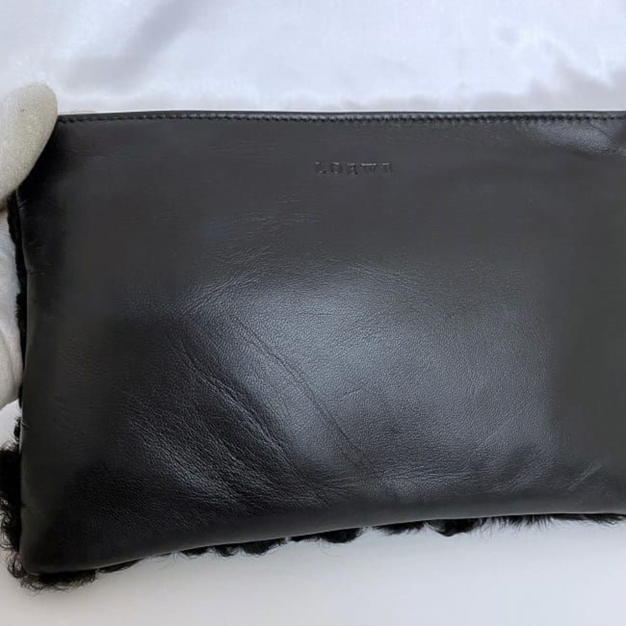 LOEWE Pouch Black ec-20624 Leather Fur Clutch Bag Women's Compact