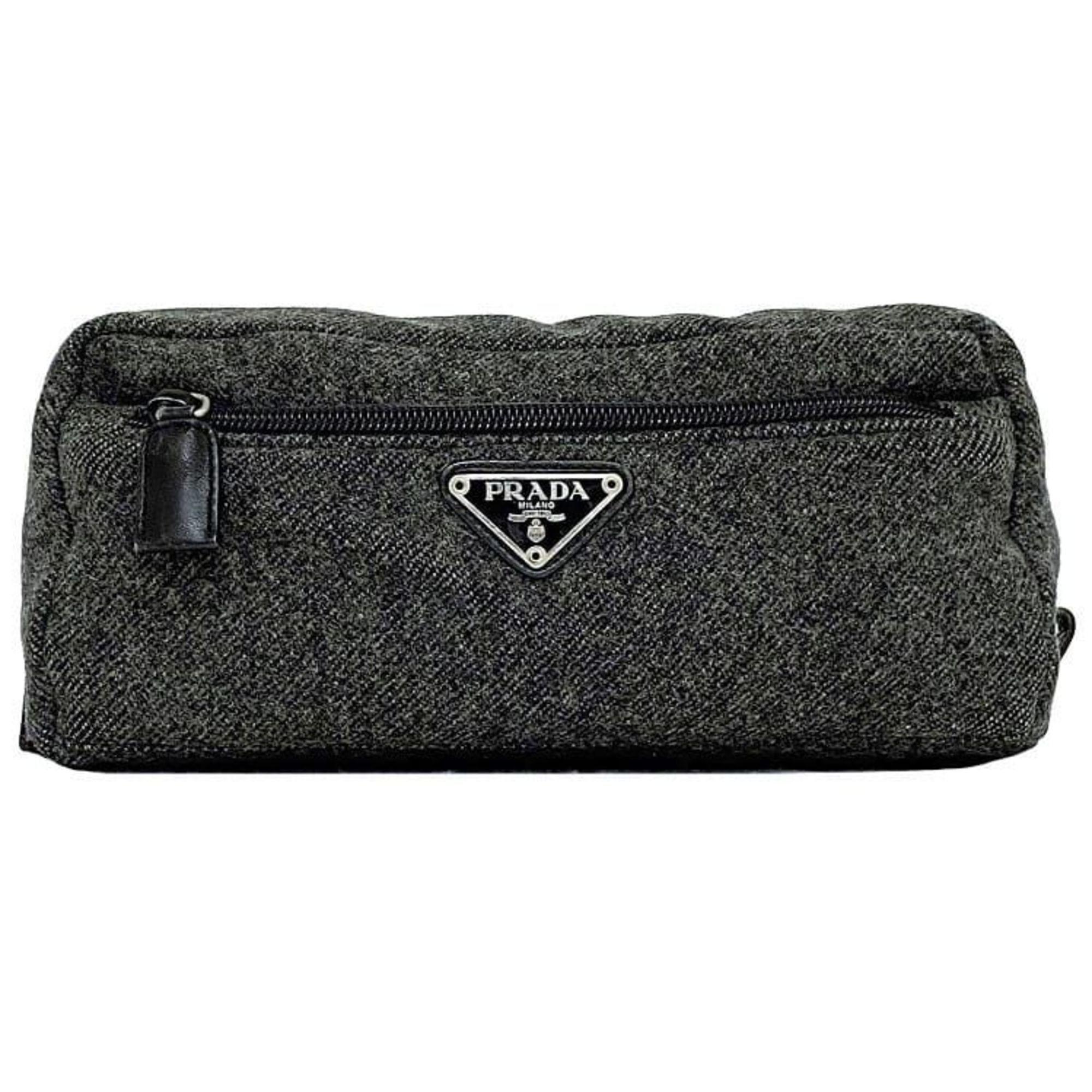 Prada Pouch Grey Tessuto ec-20627 Tweed Wool Nylon PRADA Triangle Plate Women's Men's