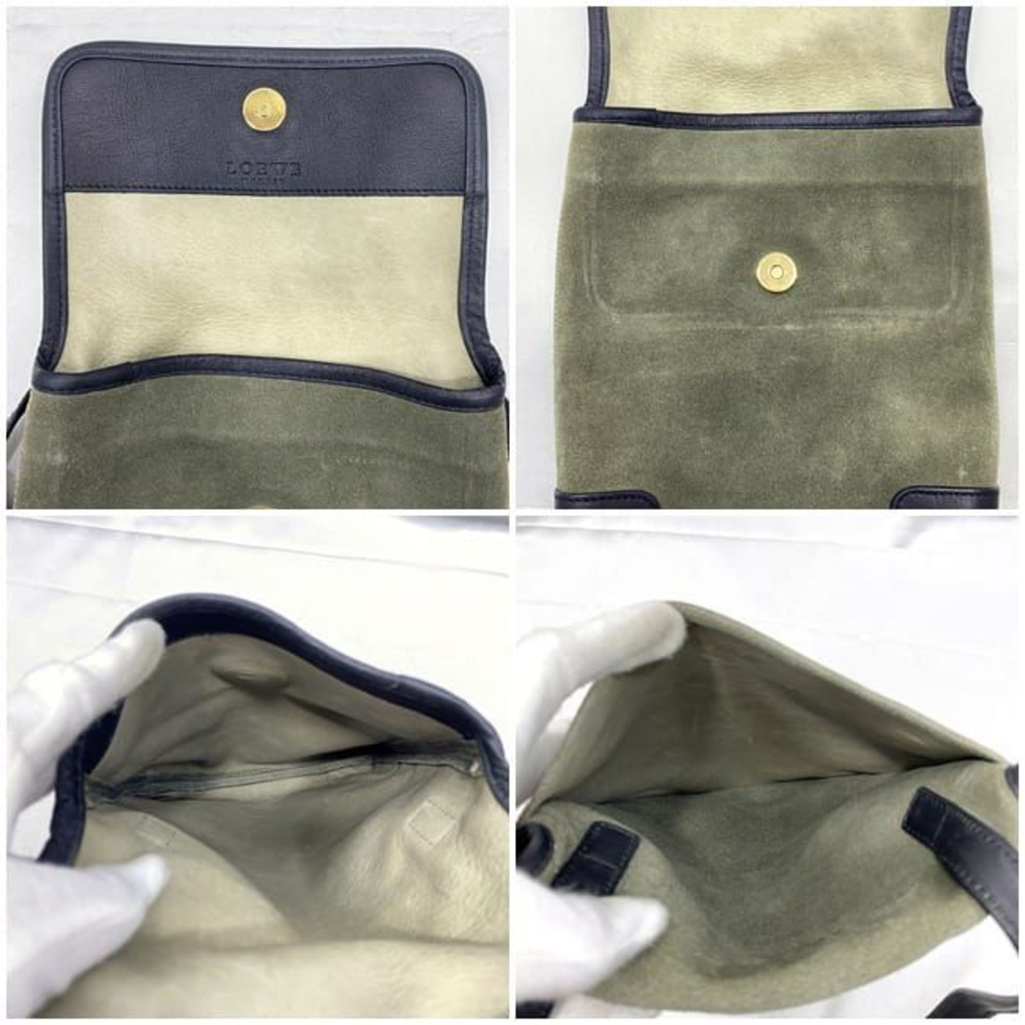 LOEWE Shoulder Bag Khaki Green Anagram ec-20540 Pochette Suede Leather Flap Women's Retro