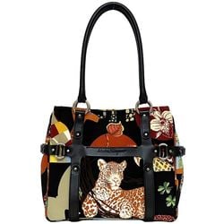 Salvatore Ferragamo Tote Bag Black Multicolor AU-21 7478 ec-20544 Animal Print Nylon Leather Leopard Zebra Plant Women's