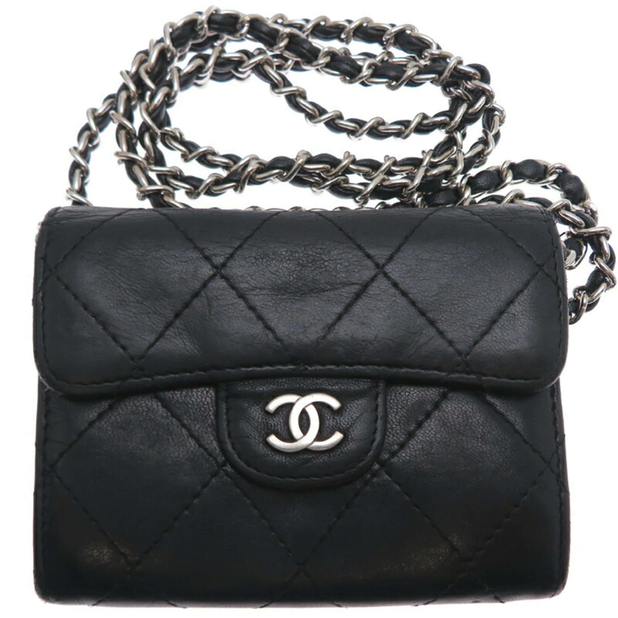 Chanel Matelasse Chain Wallet Women's Coin Case Lambskin Black