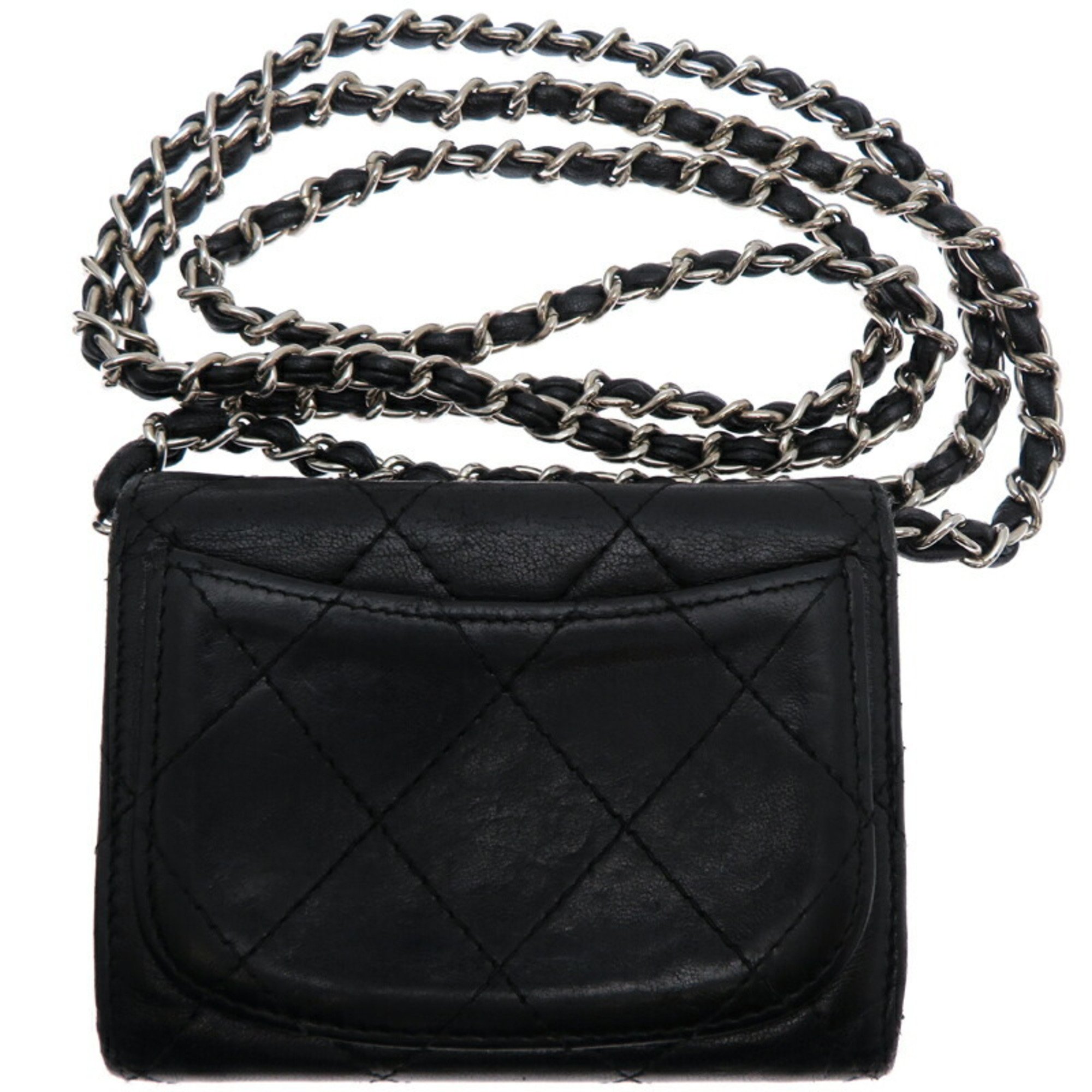 Chanel Matelasse Chain Wallet Women's Coin Case Lambskin Black