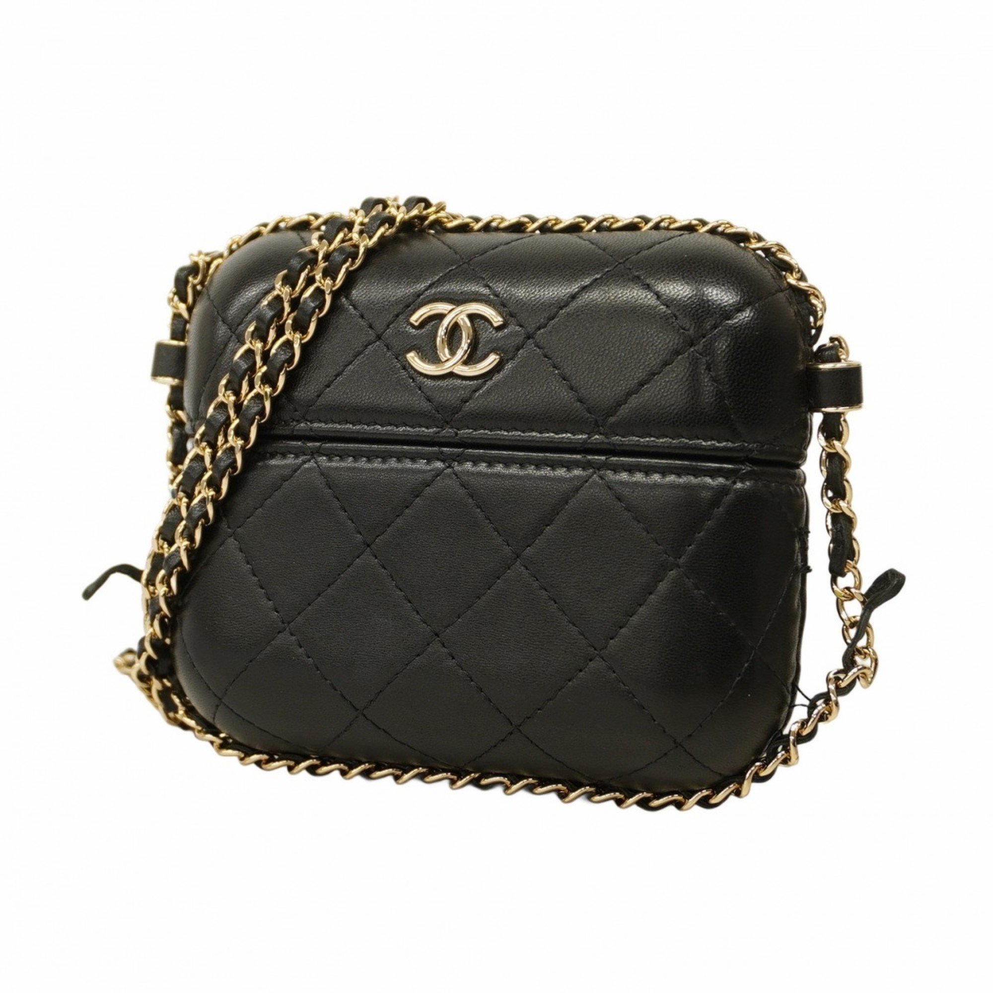 Chanel Shoulder Bag Matelasse Lambskin Black Champagne Ladies