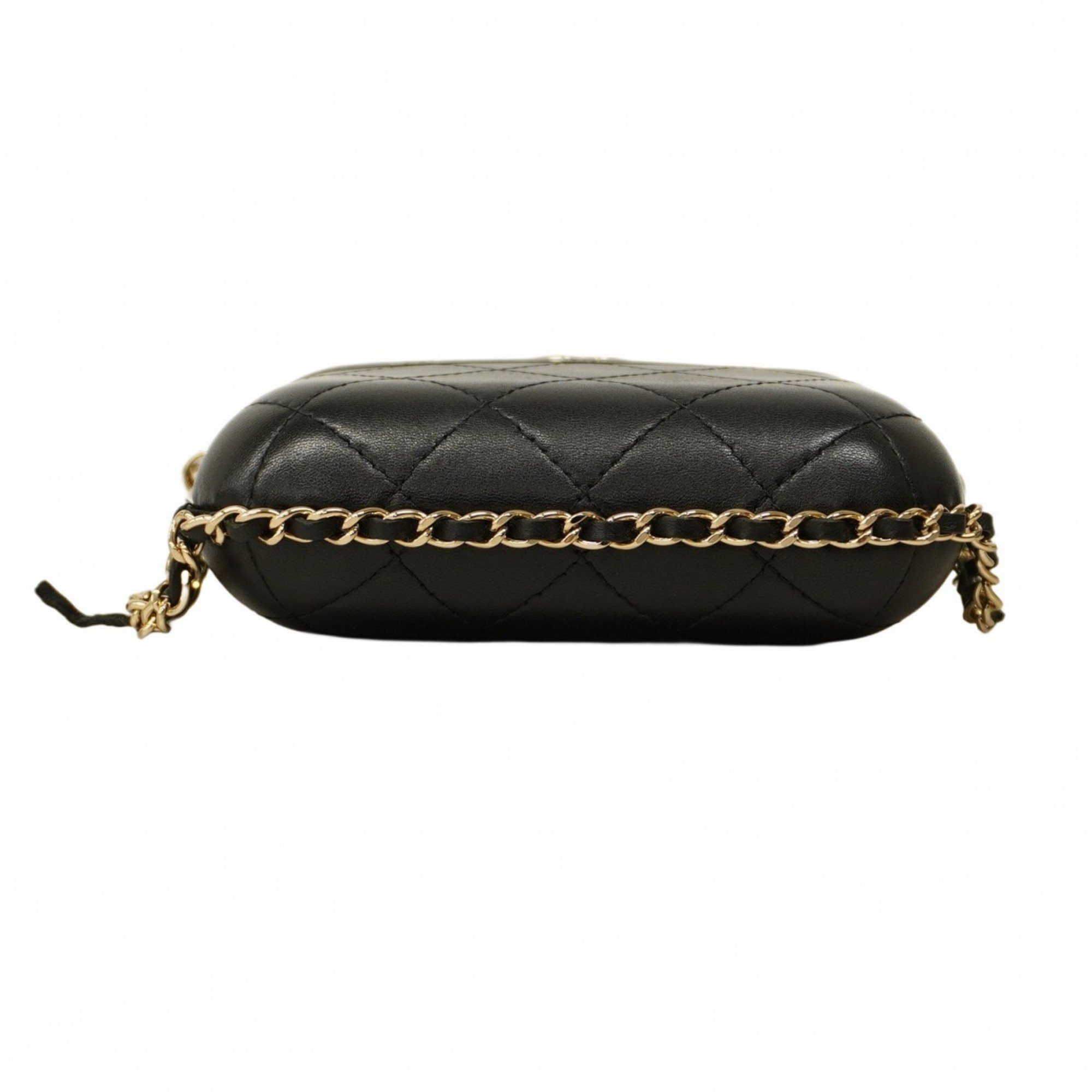 Chanel Shoulder Bag Matelasse Lambskin Black Champagne Ladies