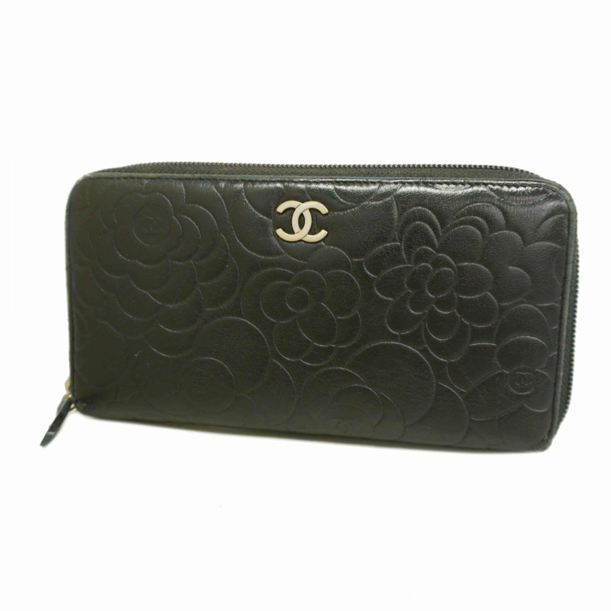 Chanel Long Wallet Camellia Leather Black Women's