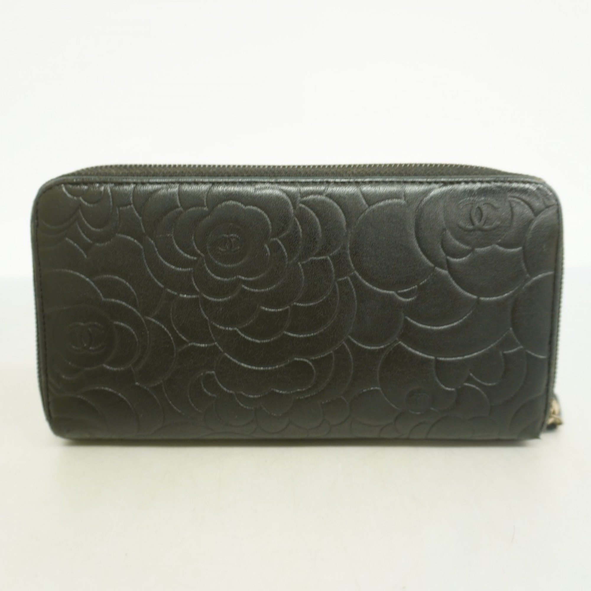 Chanel Long Wallet Camellia Leather Black Women's