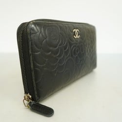 Chanel Long Wallet Camellia Leather Black Women's