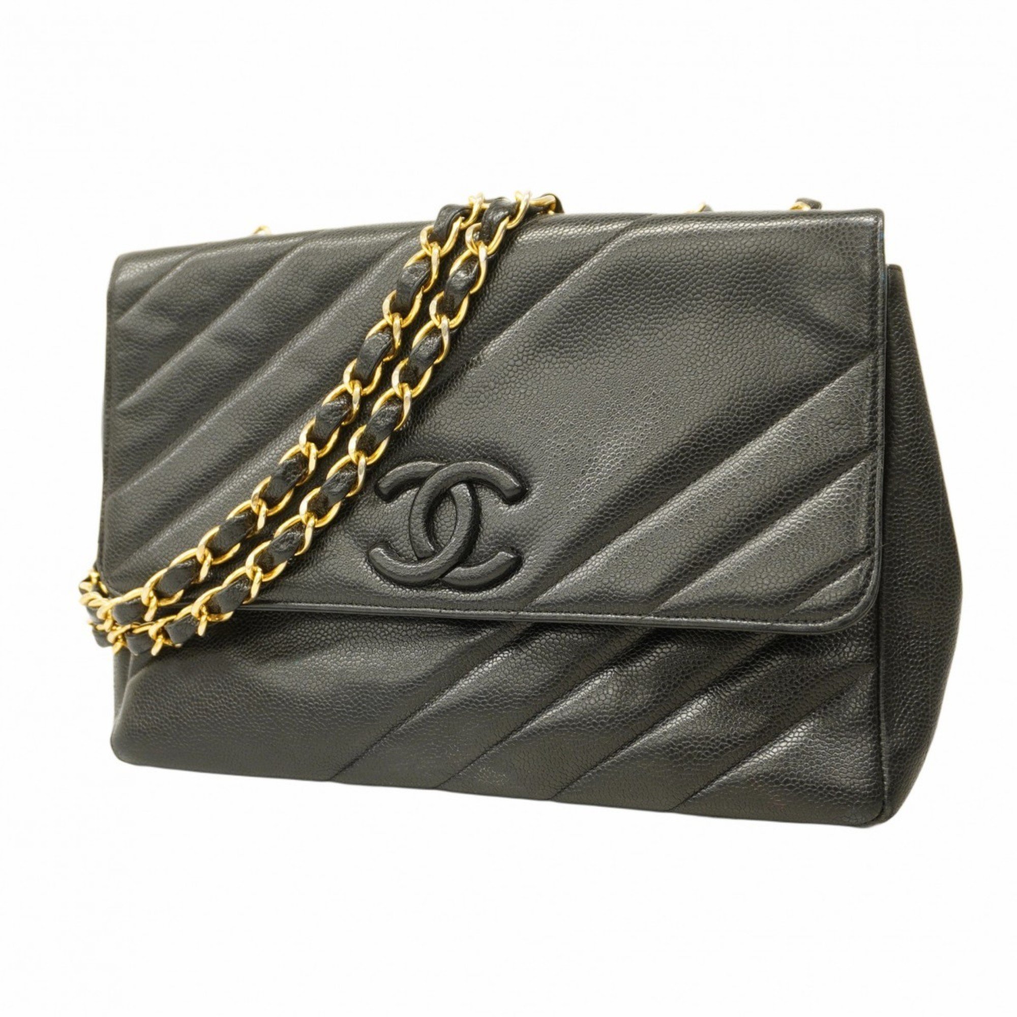 Chanel Shoulder Bag Bias Stitch Caviar Skin Black Women's