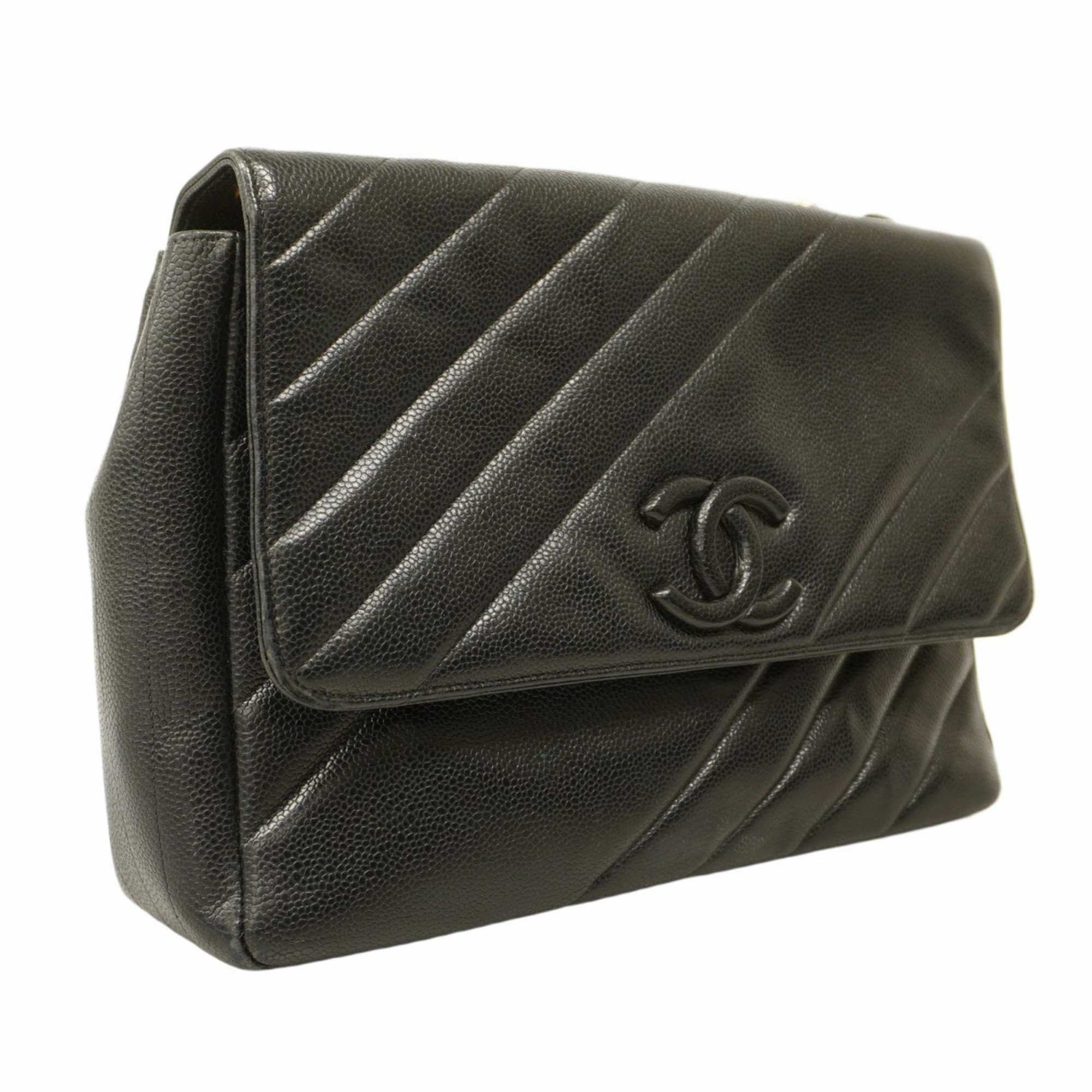 Chanel Shoulder Bag Bias Stitch Caviar Skin Black Women's