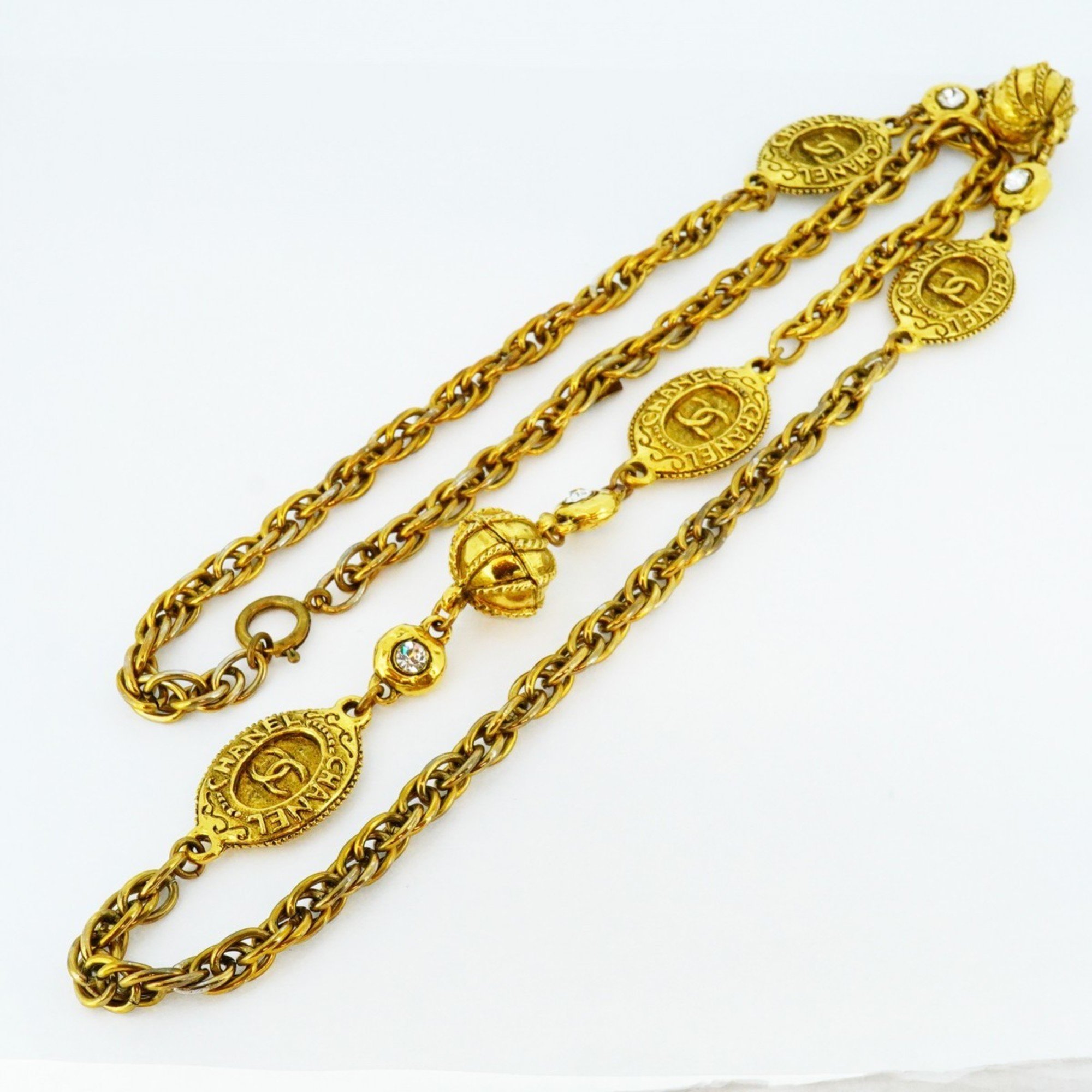 Chanel Necklace Coco Mark Oval Rhinestone GP Plated Gold Ladies