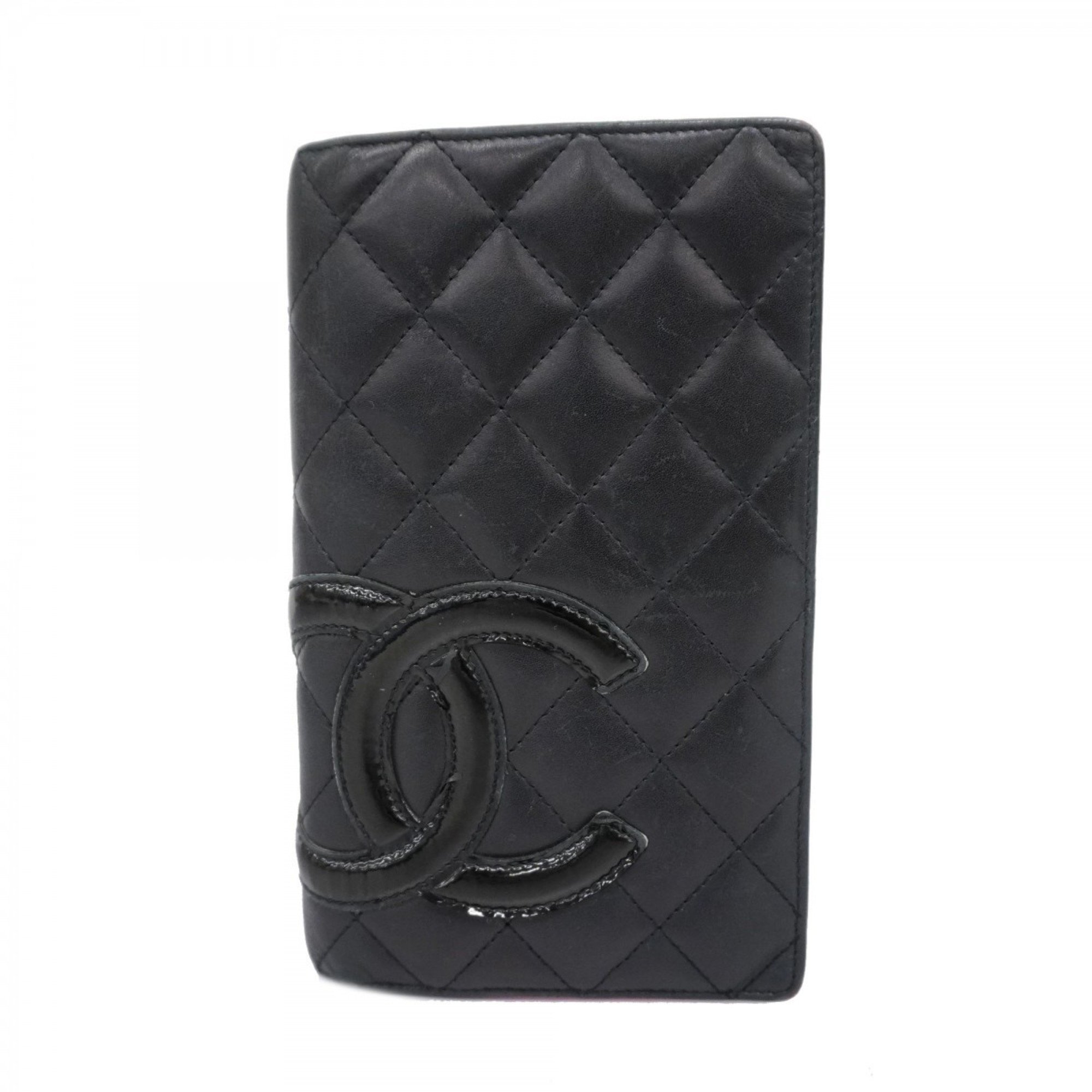 Chanel Long Wallet Cambon Lambskin Patent Leather Black Women's