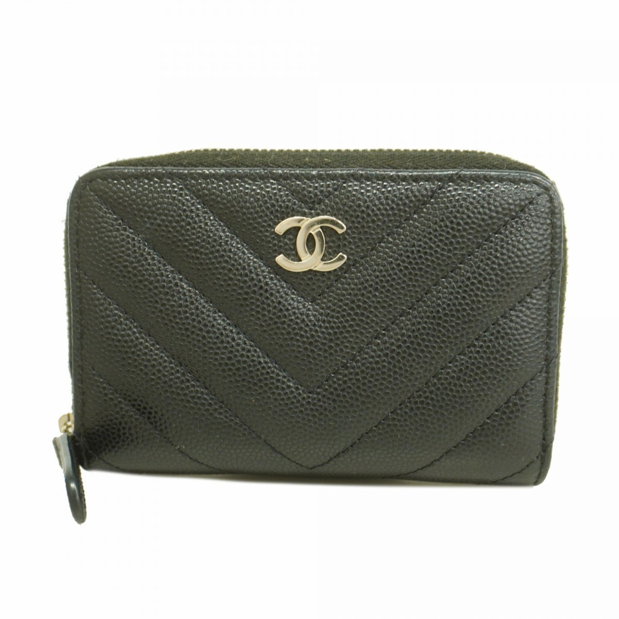 Chanel Wallet/Coin Case V Stitch Caviar Skin Black Women's