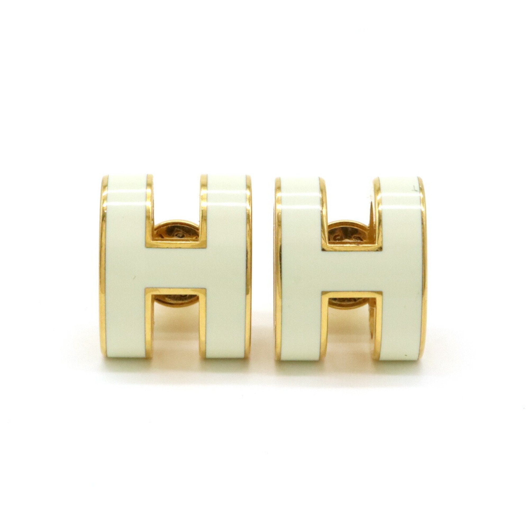 HERMES Hermes Pop H Earrings GP Gold Plated Lacquer White